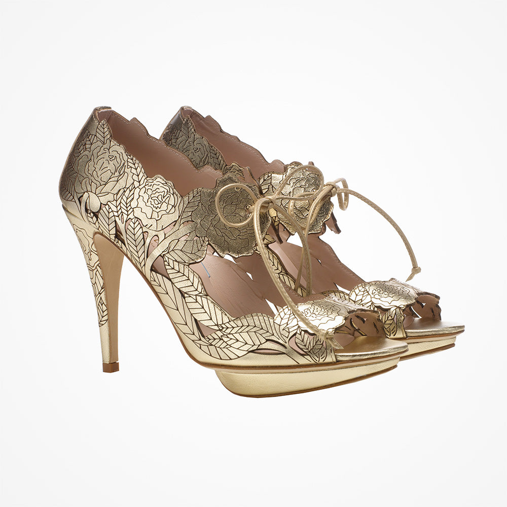 Peony Champagne Gold Metallic Laser Cut Floral Sandals - Elegant Women's Summer Wedge Heel Sandals for Weddings, Parties & Beach Vacations