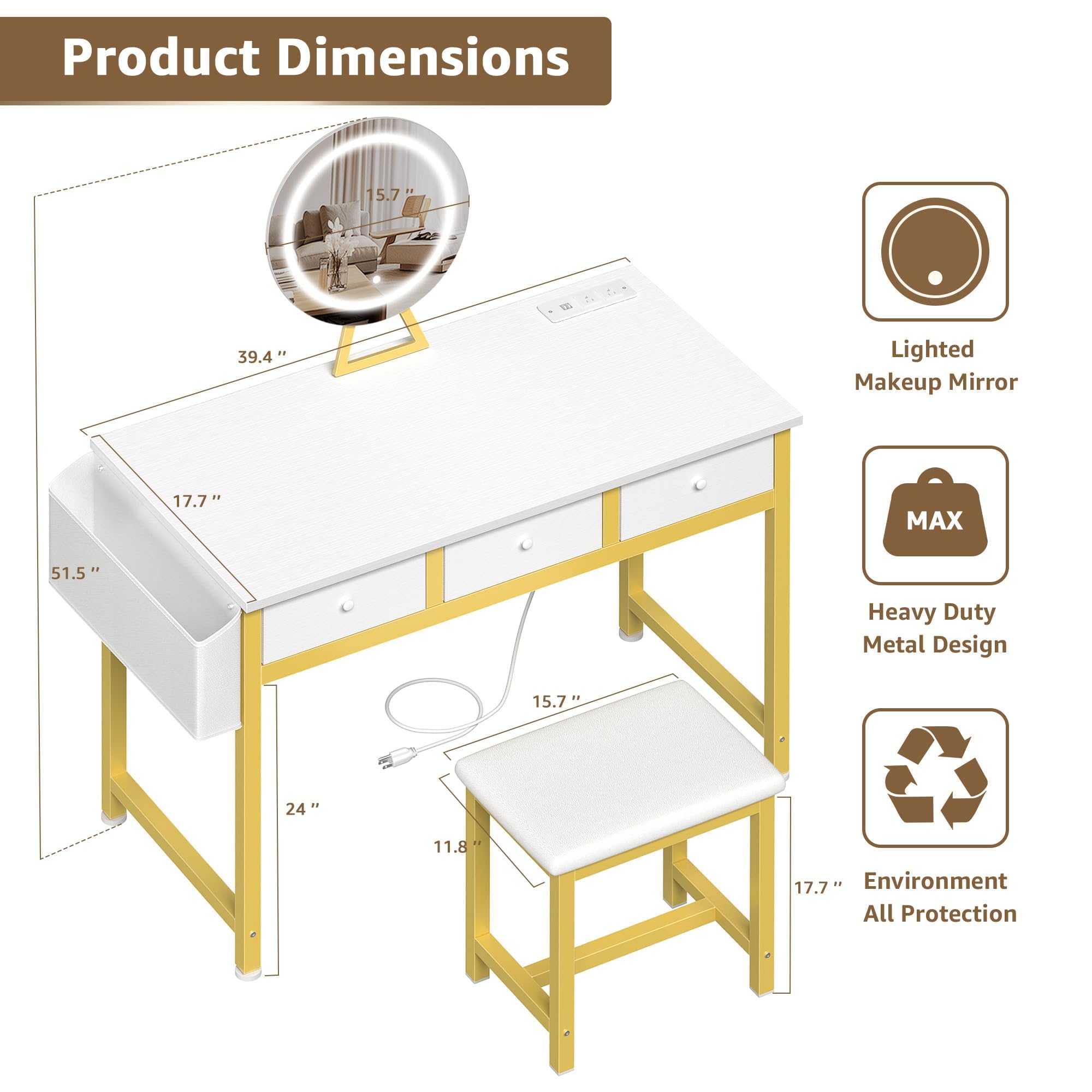 Girls Vanity Desk with Mirror & Lights - 40
