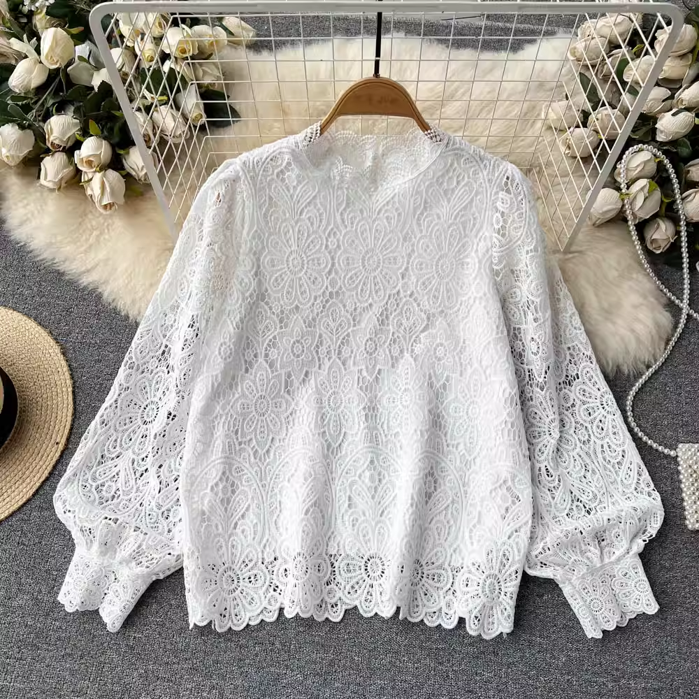 Lace Mesh Hollow Out Long Sleeve Blouse for Women - Spring & Autumn Fashion Top 1065 | Perfect for Office Wear, Date Nights & Casual Outfits