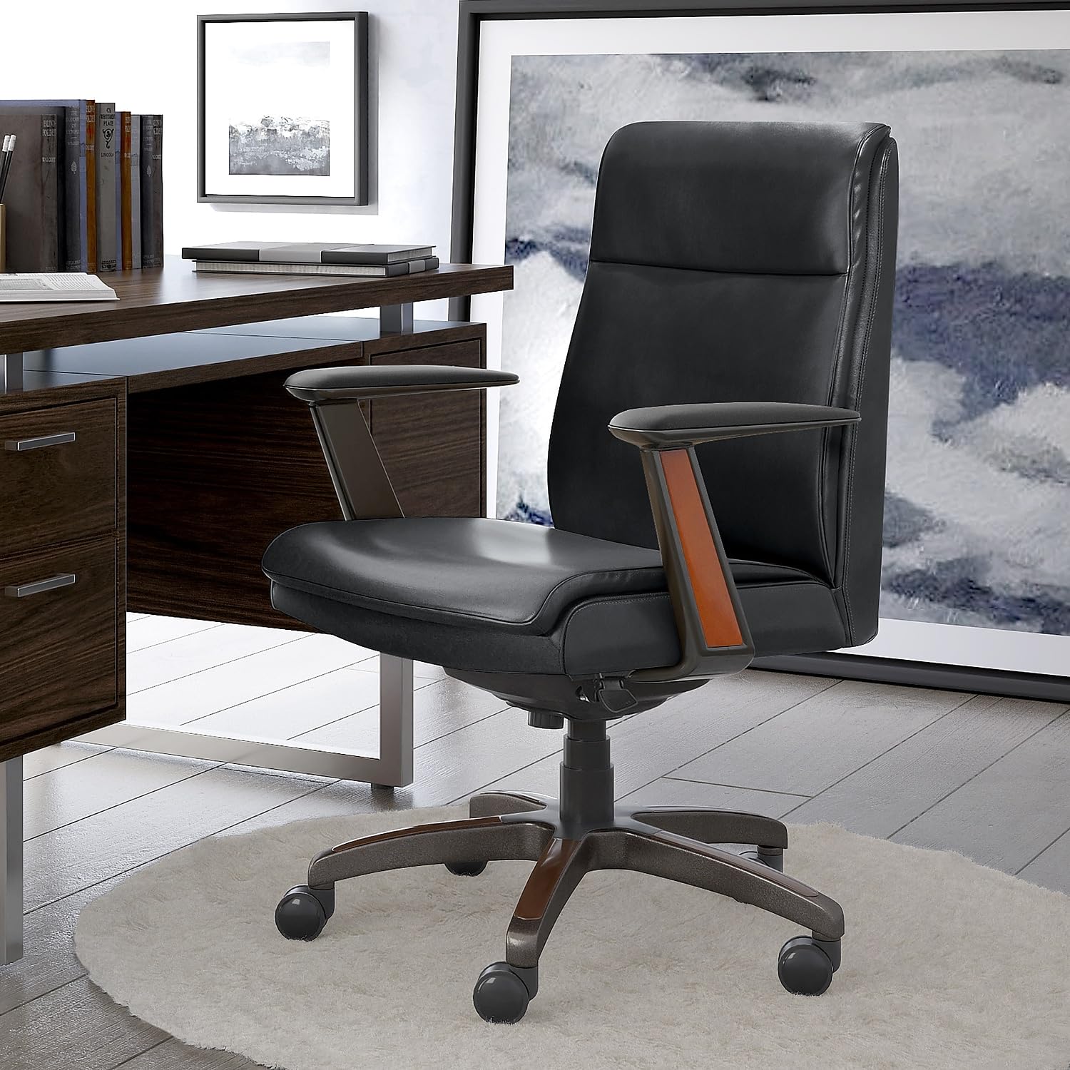 La-Z-Boy Dawson Modern Executive Office Chair - Adjustable High Back Ergonomic Computer Desk Chair with Lumbar Support - Black Bonded Leather with Wood Inlay - Perfect for Home Office, Gaming & Workspaces