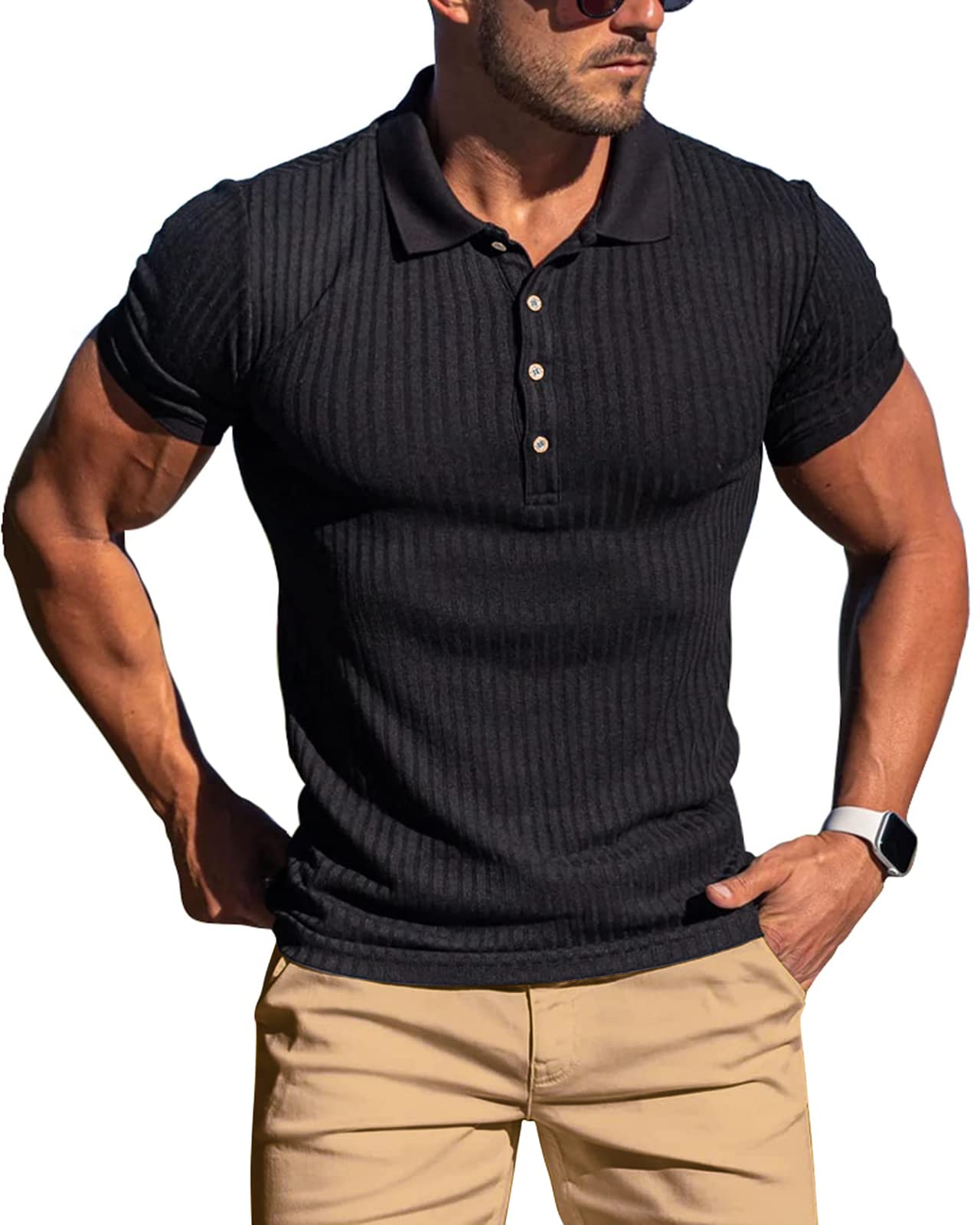 Men's Slim Fit Muscle Polo Shirts - Short Sleeve Ribbed Knit Golf & Bowling Shirts | Breathable Dry Fit Casual Tees for Sports & Outdoor Activities