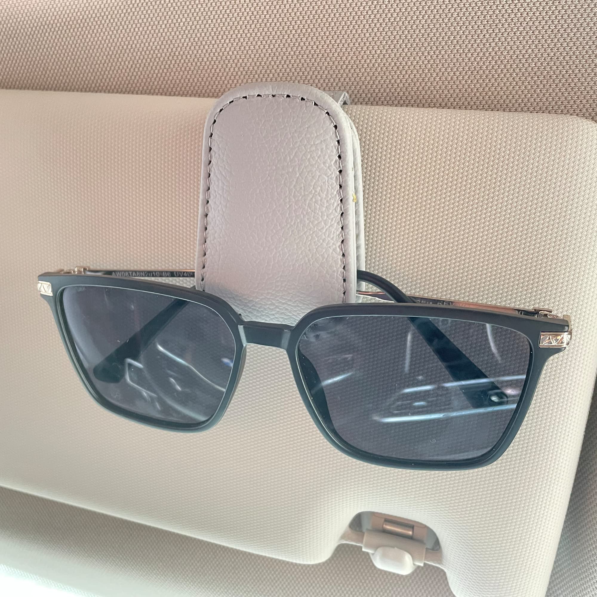Magnetic Leather Sunglasses Holder for Car Visor - KIWEN Eyeglass Clip with Ticket & Card Holder - Car Accessories Organizer (Grey) - Perfect for Driving, Road Trips & Daily Commute
