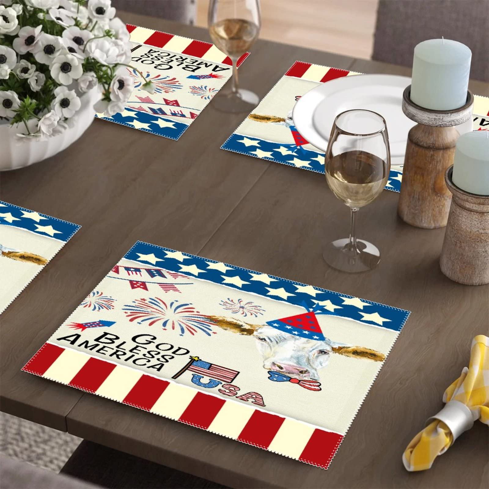 God Bless America Cow Farmhouse Placemats Set of 4 - Stain-Proof, Non-Slip & Heat Resistant - Patriotic American Flag Retro Table Decor for Dining, Kitchen & Banquet - Perfect for Memorial Day, 4th of July & Everyday Use