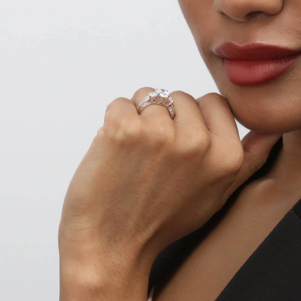 BERRICLE Sterling Silver 3-Stone Oval Cut Cubic Zirconia Engagement Ring for Women - 1.2 Carat CZ Wedding Promise Ring, Rhodium Plated, Size 4-10 - Perfect for Proposals, Anniversaries & Special Occasions
