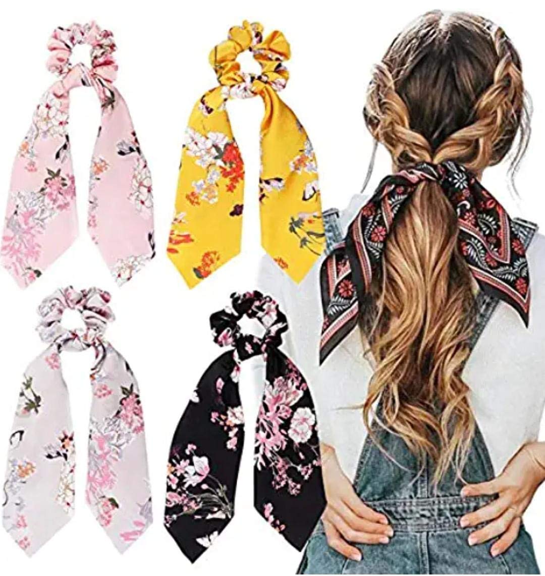 4-Piece Floral Printed Elastic Hair Scarf Set - Ponytail Bow, Scrunchies & Ribbon Bands for Women & Girls - Perfect for Work, School, Parties & Everyday Styling