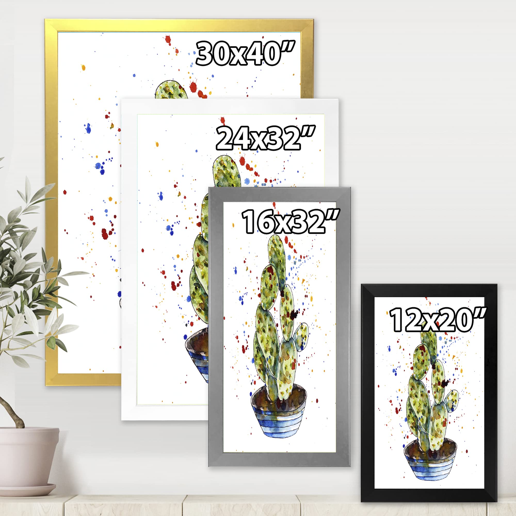 DesignQ Cactus Houseplant Traditional Framed Wall Art - Desert Botanical Decor for Living Room, Bedroom & Office