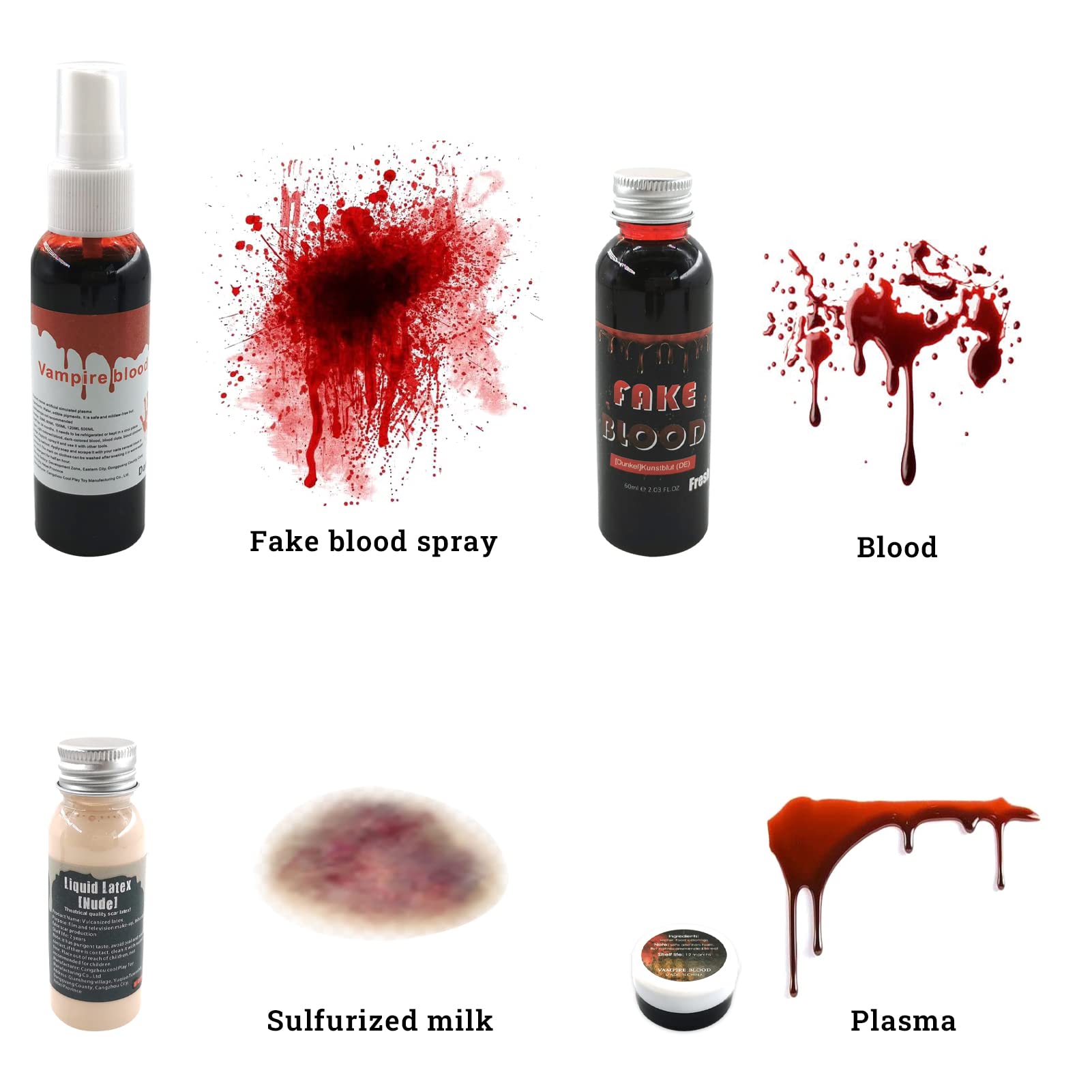 TOPJOWGA Halloween Fake Blood Makeup Kit - Special FX Blood Gel, Liquid Latex, Fake Blood Spray with 2 Makeup Sponges & Spatula for Scary Halloween Costumes & Special Effects