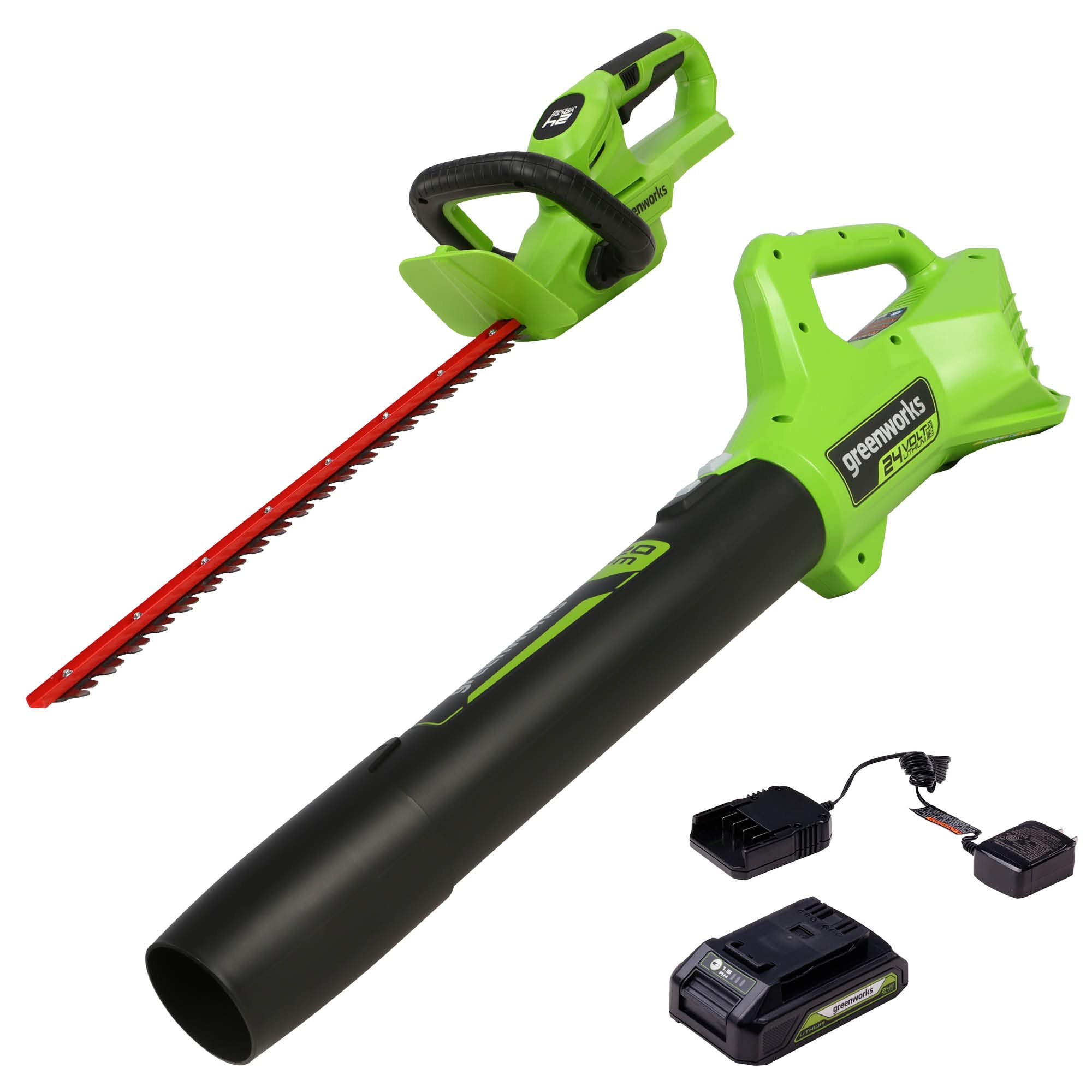 Greenworks 24V 22-Inch Cordless Hedge Trimmer with Rotating Handle - Includes (1) 1.5Ah USB Battery & Charger + 24V Axial Blower (90 MPH/320 CFM) - Perfect for Landscaping, Yard Maintenance, and Professional Gardening