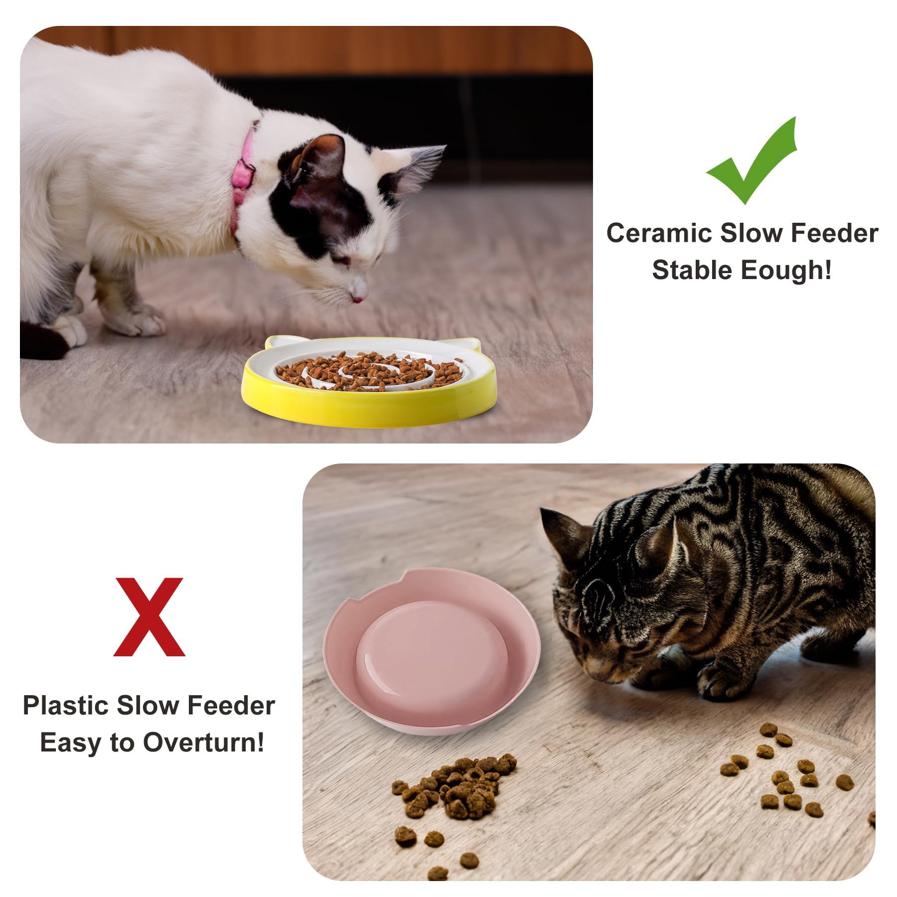 Cat Slow Feeder Bowl - 8.8'' Ceramic Puzzle Feeder with Cat Ears Design, Heavy & Shallow Whisker-Friendly Pet Dish for Stress-Free Eating - Perfect for Fast Eaters & Portion Control (Yellow)