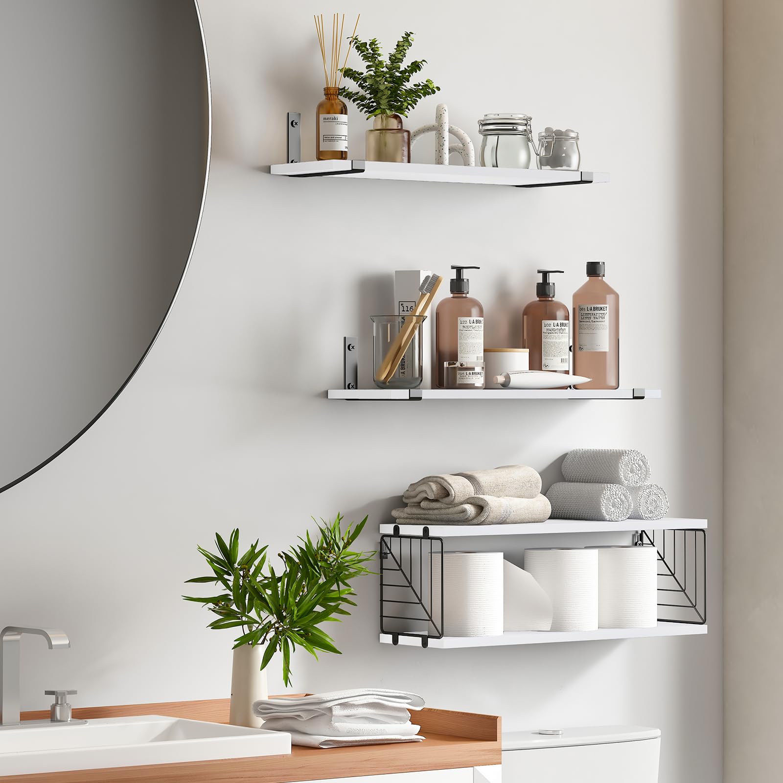 Fixwal 3-Tier Bathroom Floating Shelves Over Toilet - 15.8 Inch Rustic Farmhouse Wood Wall Shelves for Bathroom Storage - Perfect for Living Room, Bedroom & Kitchen Decor (White) - Ideal for Small Space Organization & Home Décor
