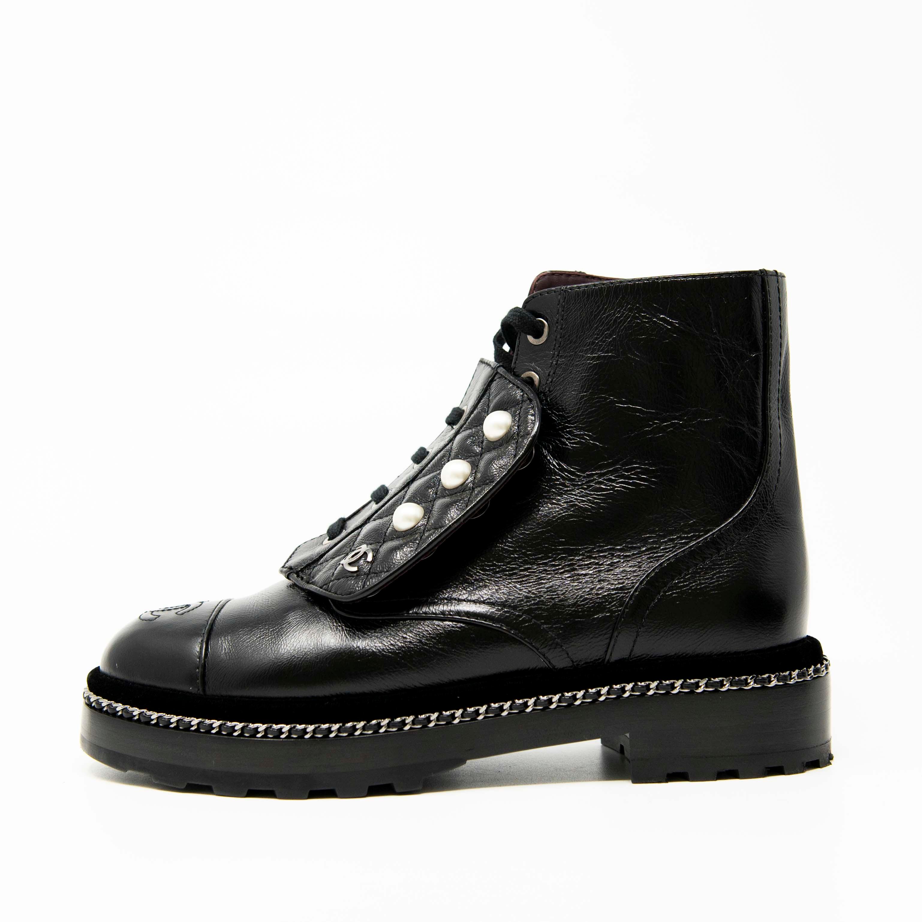 Chanel Black Leather Combat Boots Women's Size 36.5 - Stylish & Comfortable Ankle Boots for Everyday Wear, Night Out & Fashion Street Style