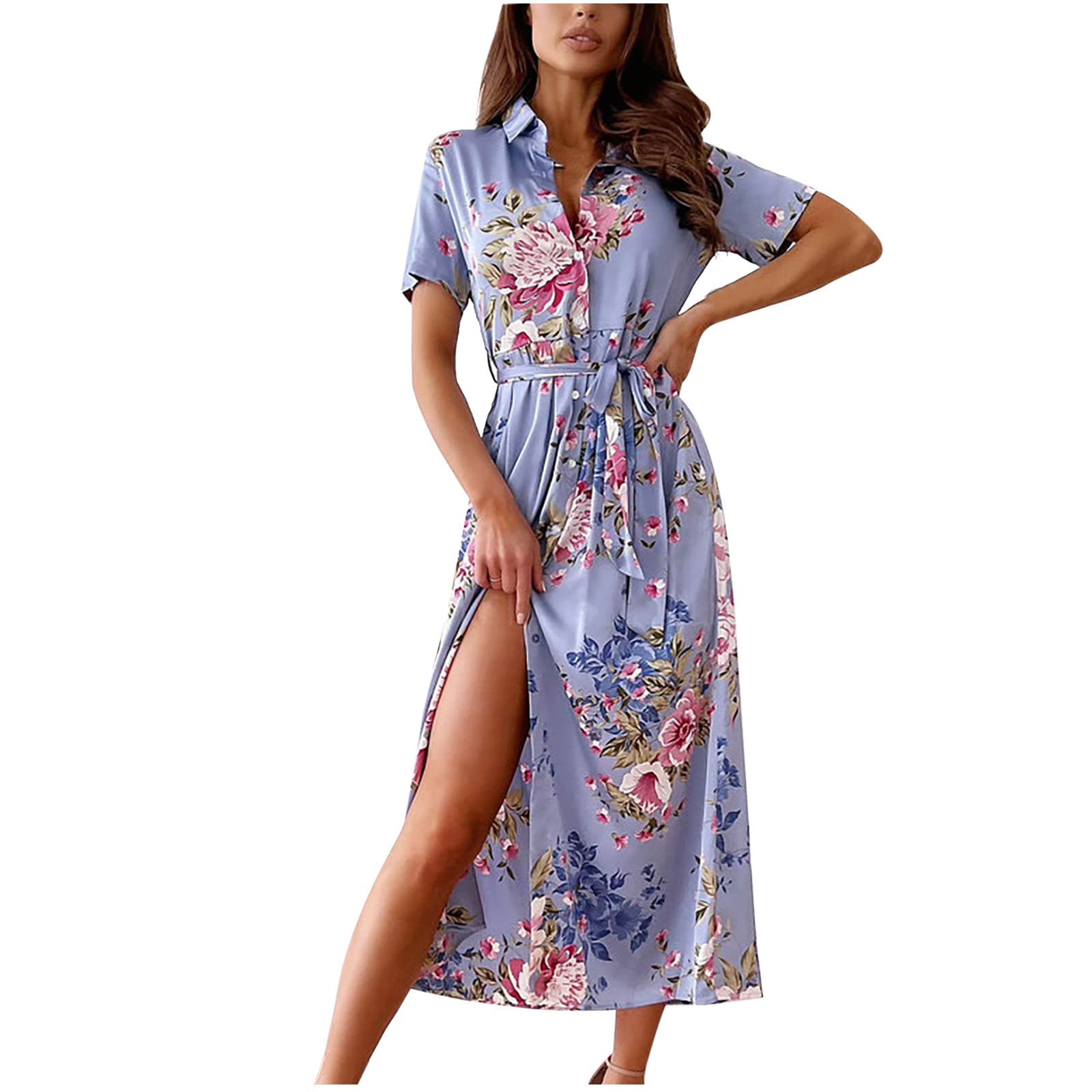 Floral Print Women's Maxi Shirt Dress - Casual Button Down Short Sleeve V-Neck Lapel Party Dress with Side Slit | Perfect for Summer Outings, Beach Vacations & Date Nights