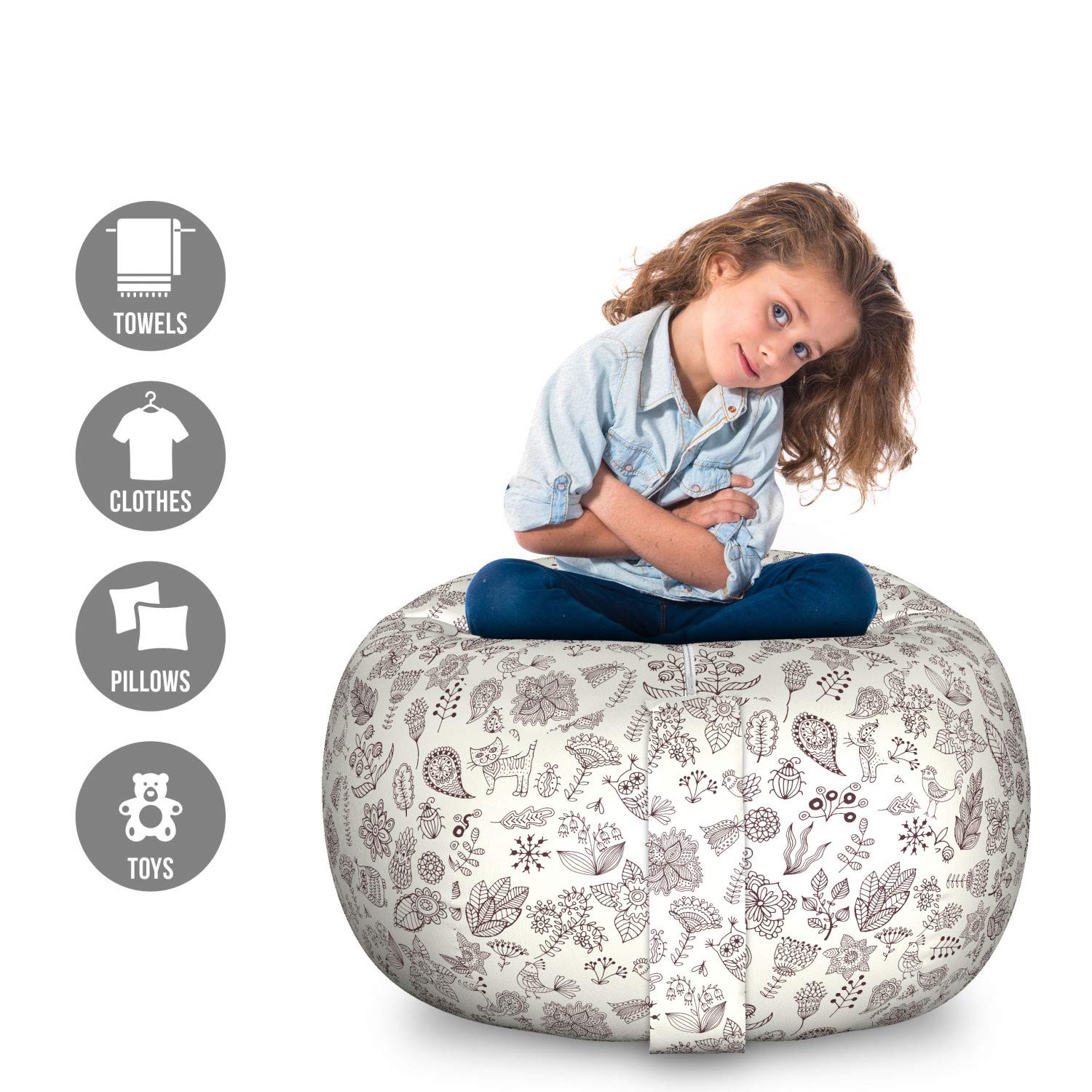 Ambesonne Playroom Storage Toy Bag Chair - Nature Themed Owl Cat Bird Bluebells Tulips Leaves Doodle Art Stuffed Animal Organizer | Washable Large Size Toy Storage Bag in Dark Brown White | Perfect for Kids' Room, Nursery, and Playroom Organization