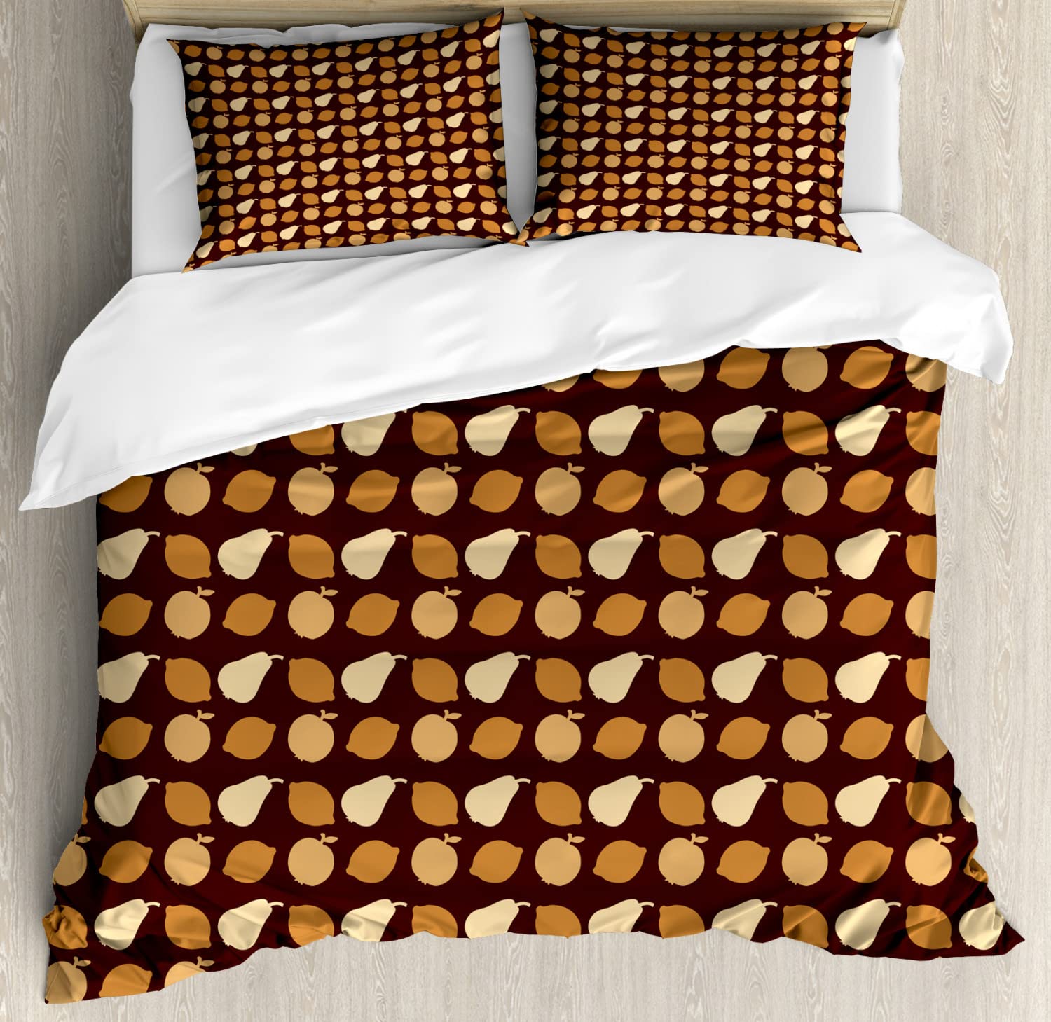 Ambesonne Fruits Duvet Cover Set - King Size 2-Piece Bedding Set with Earth-Toned Lemon Pear Apple Silhouette Design, Brown & Ginger Summer Theme - Perfect for Bedroom Decor, Guest Room & Vacation Homes