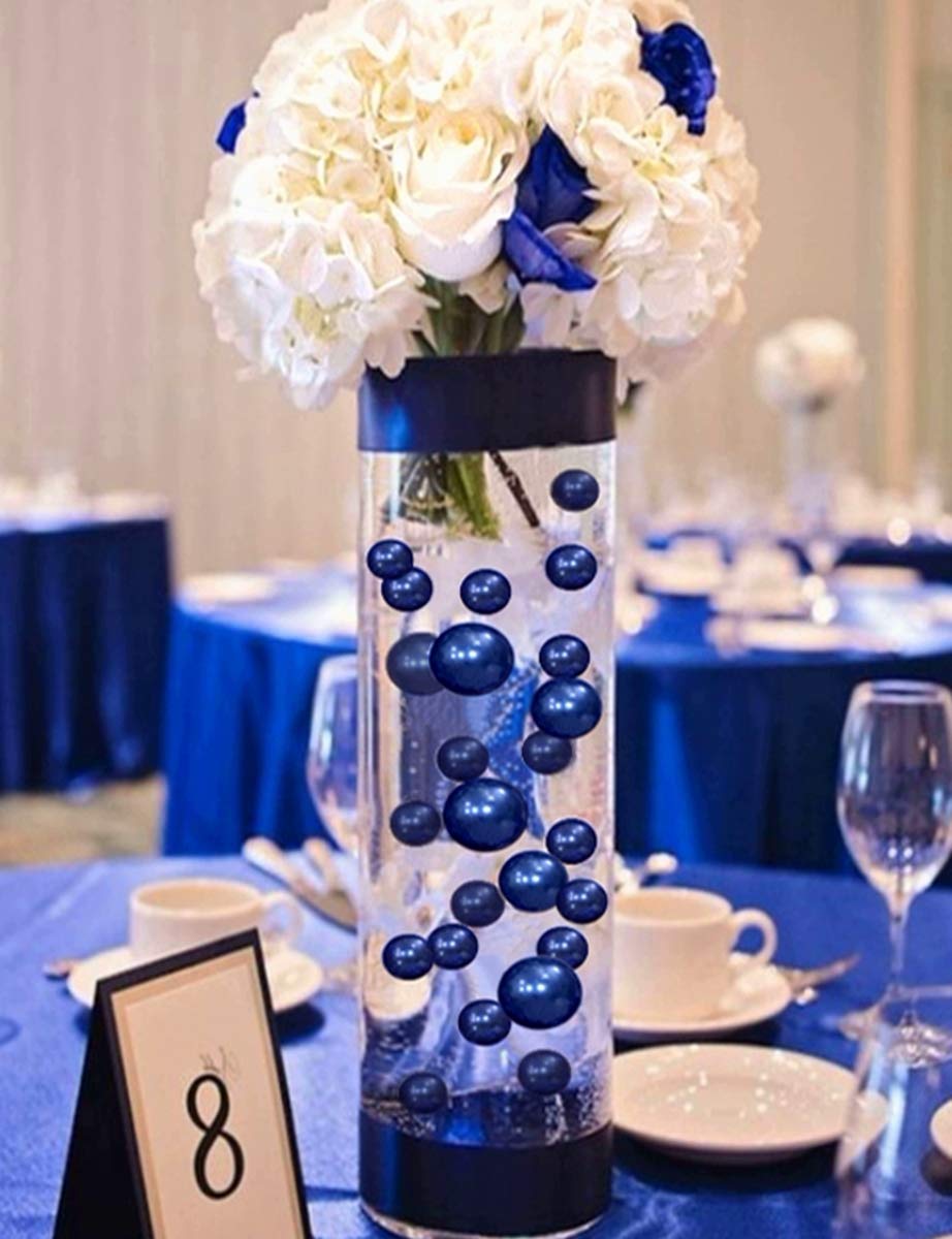 300 Floating Royal Blue & Navy Pearls - Large Size Pearls with Transparent Water Gel Kit for Stunning Floating Effect - Fills 4 Gallons for Vases - Includes White Submersible Fairy Lights - Perfect for Wedding Centerpieces, Home Decor & Spa Relaxation