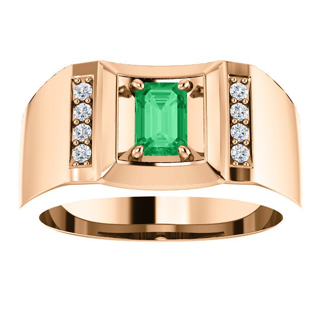 14KT Gold Men's Emerald and Diamond Accent Ring - 0.56ct Emerald & 0.12ctw Diamonds - Elegant Jewelry for Weddings, Anniversaries & Special Occasions