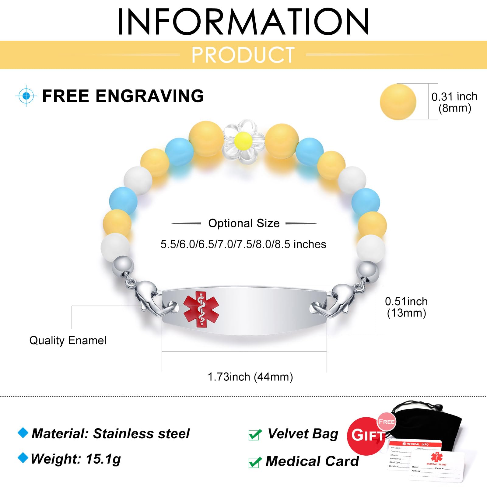 Custom Medical Alert Bracelet for Women - Free Engraving, 3-Layer Stainless Steel Chain, Adjustable 5.5-8.5 Inch Sizing - Perfect for Diabetes, Allergies & Emergency Identification