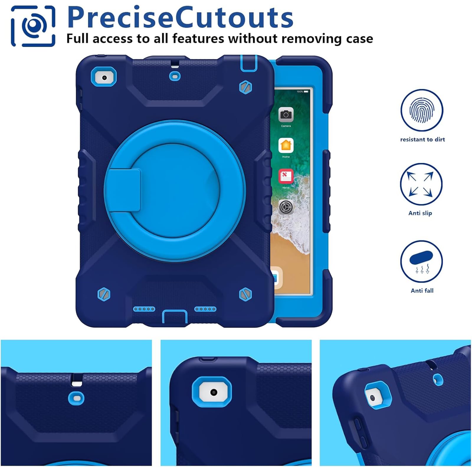 Premium Heavy Duty Protective Case for iPad 6th/5th Gen & Air 2/Pro 9.7 Inch (2017/2018) - Shockproof Cover with 360° Rotating Handle Stand, Shoulder Strap & Apple Pencil Holder (Navy+Blue) - Perfect for Travel, Work & School Use
