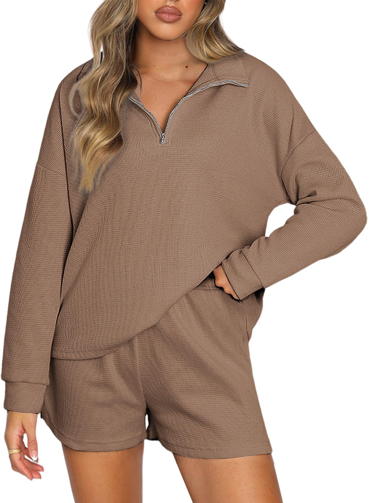 Aleumdr Women's 2 Piece Lounge Set - Soft Waffle Knit Long Sleeve Top & Shorts with Pockets | Comfy Matching Outfit for Home, Travel & Casual Wear | 2025 Fashion Trend