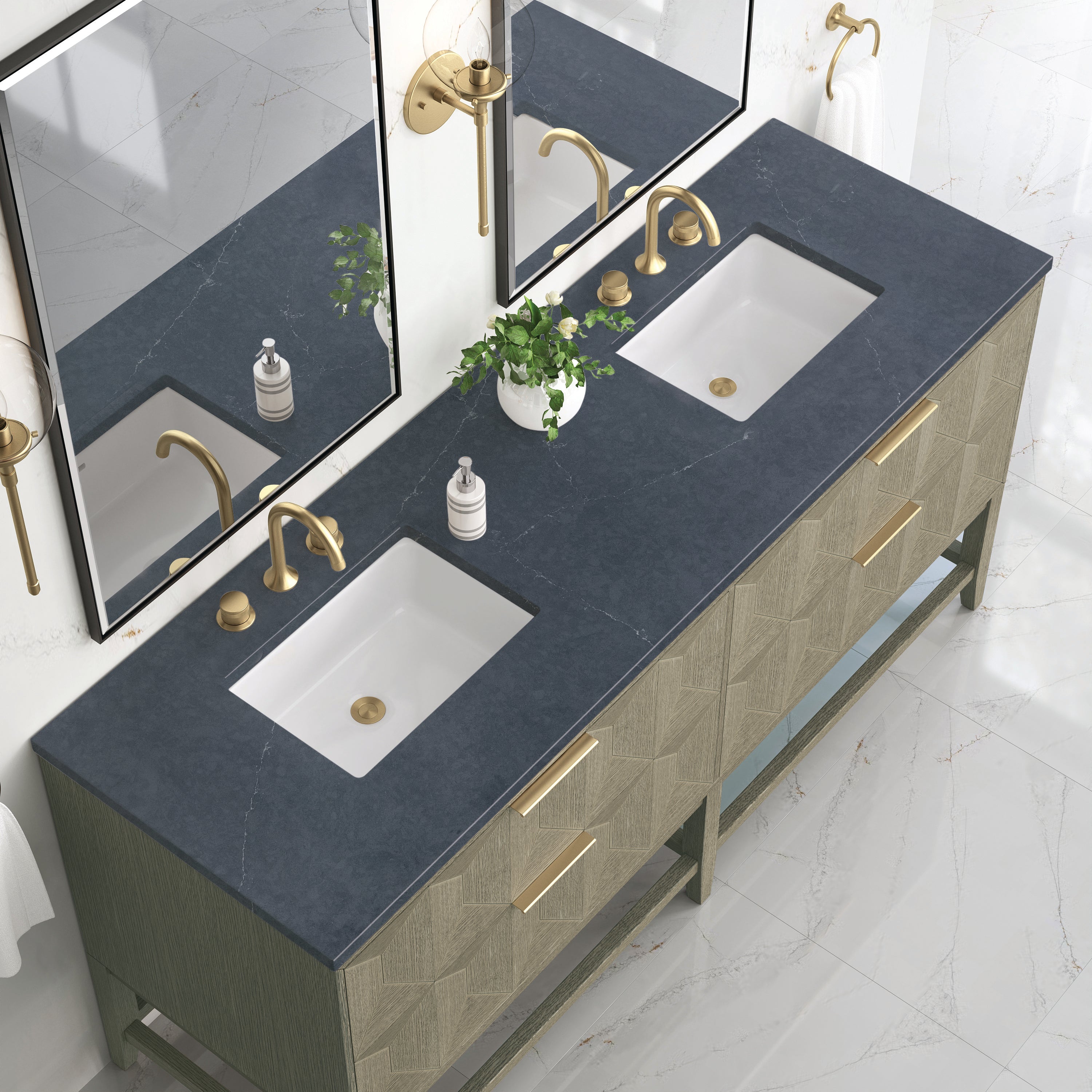 Emmeline 72 Inch Double Bathroom Vanity with Pebble Oak Finish & 3CM Charcoal Soapstone Countertop - Perfect for Master Bathroom Renovation and Modern Home Decor