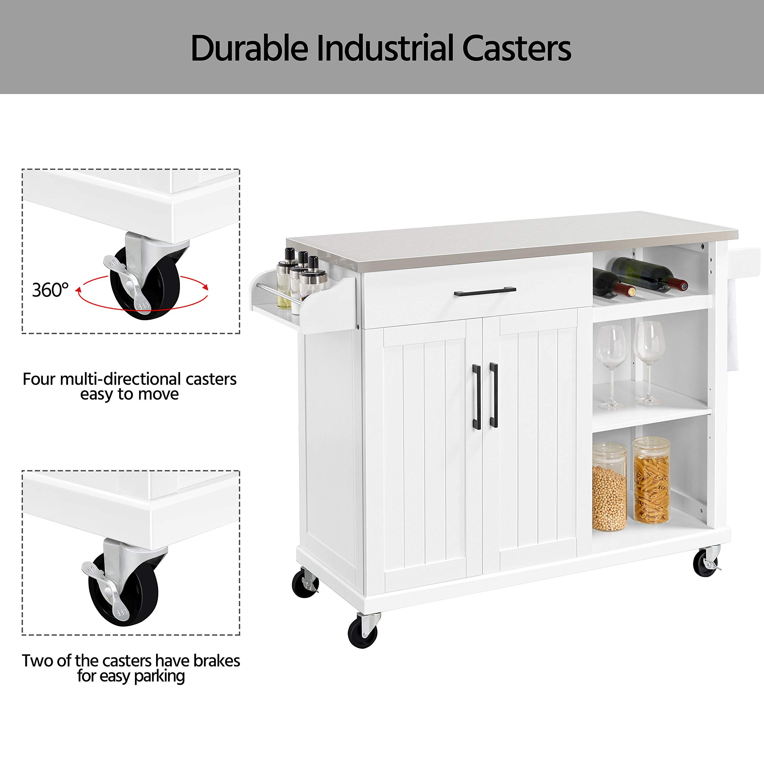 Topeakmart White Kitchen Island on Wheels with Stainless Steel Countertop - Rolling Utility Cart with Storage Cabinet, 1 Drawer, Towel Handle & Spice Rack - Perfect for Small Kitchen, Dining Room or Mobile Cooking Station