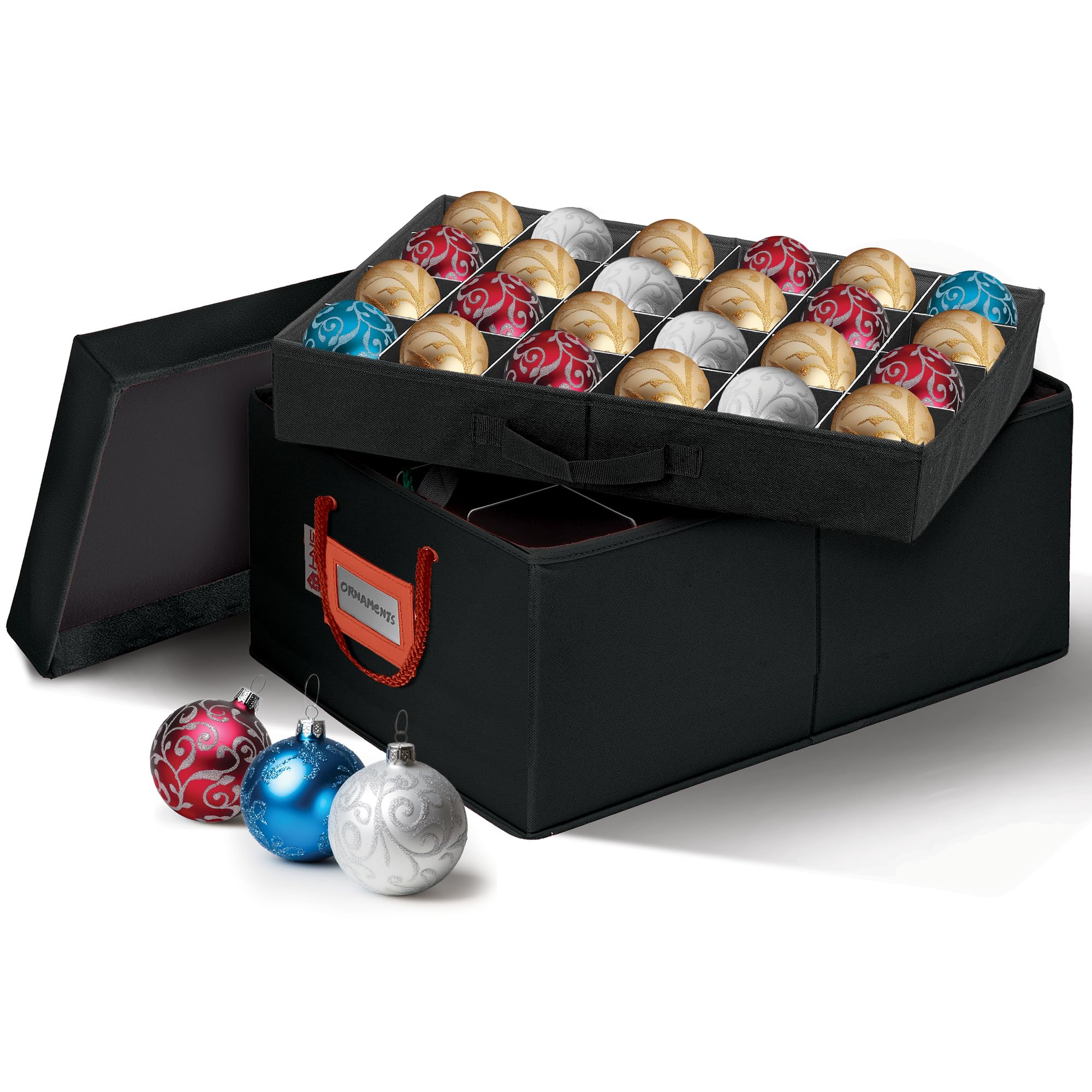 Christmas Ornament Storage Box with Dividers & 2 Removable Trays - Holds 48 Ornaments (3 inch) - Durable Black Container for Holiday Decor Organization - Perfect for Xmas Tree Decorations & Seasonal Storage