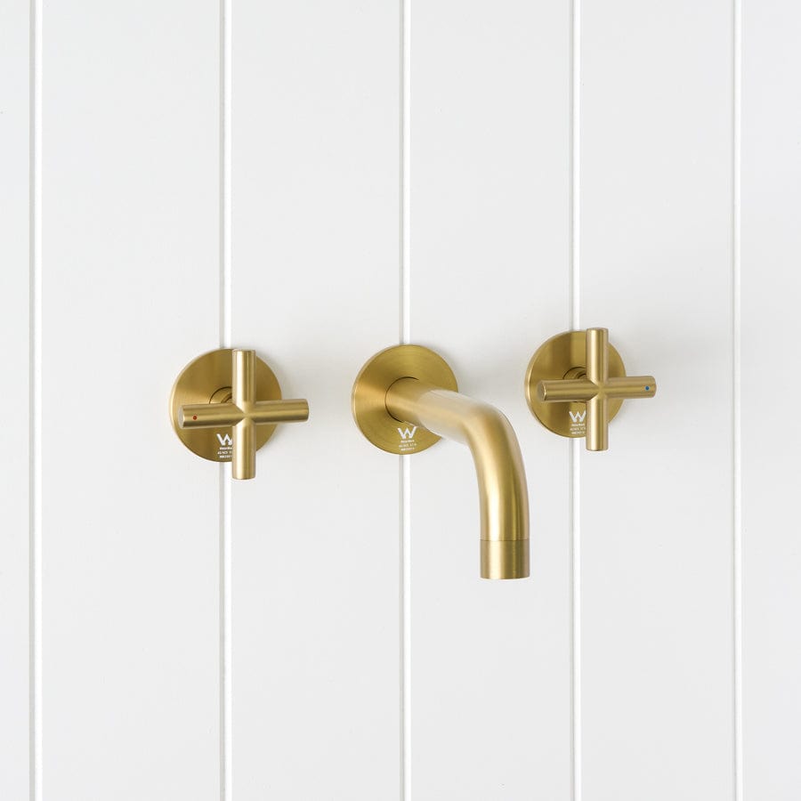 Sydney Wall Spout with Cross Taps in Brushed Brass - Modern Bathroom Faucet for Sink and Vanity, Perfect for Home and Hotel Renovations