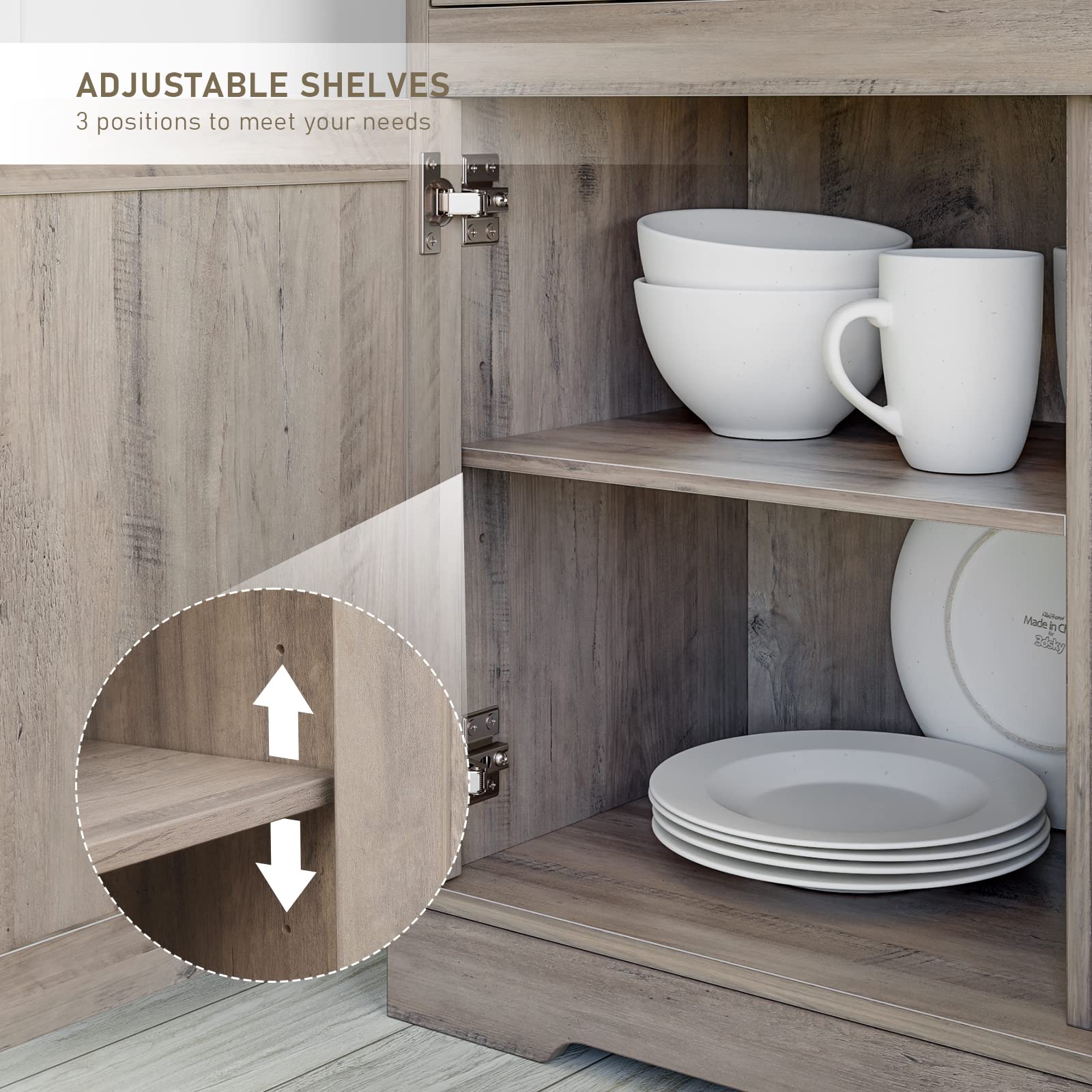 Keyluv Buffet Storage Cabinet - Farmhouse Style Sideboard with 3 Drawers & 3 Doors, Adjustable Shelves Console Table for Kitchen, Dining & Living Room - Grey Wash | Perfect for Wine Storage, Bar Server & Home Organization