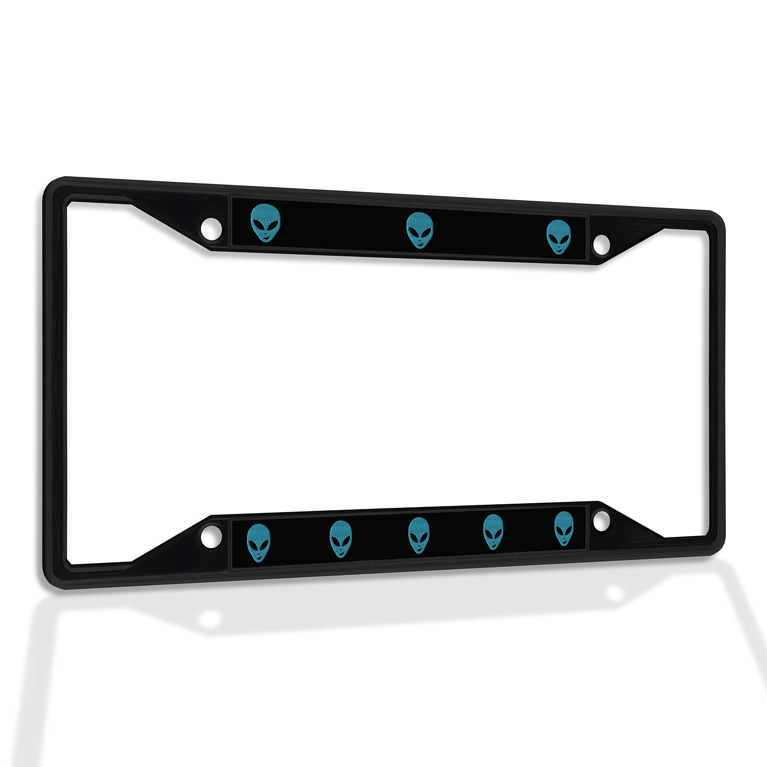 High-Quality Weatherproof Metal License Plate Frame with Happy Alien Face - Light Blue & Black Car Accessories for All Vehicles | Durable 4-Hole Design for Secure Installation | Perfect for Car Enthusiasts & Unique Vehicle Customization