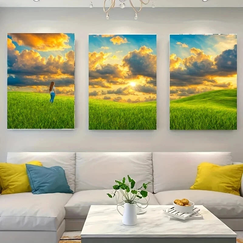 3-Piece Metal Wall Art Print - Person Standing in Grassy Field Landscape - Ready to Hang Home Decor for Living Room, Bedroom & Office