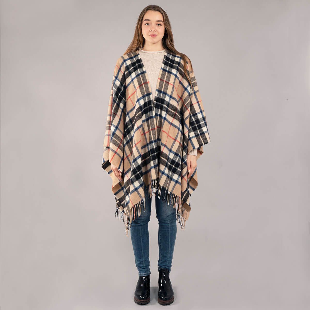 Alice Thomson Camel Modern Tartan Lambswool Serape Wrap - Soft Wool Shawl for Women, Cozy Fall & Winter Fashion Scarf - Perfect for Office, Travel and Outdoor Activities