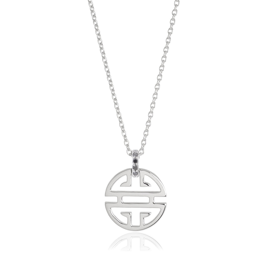 Elegant Silver Shou Pendant Necklace with Black Diamonds - Chinese Symbol for Longevity - Perfect for Gifts, Anniversaries & Spiritual Jewelry Collection