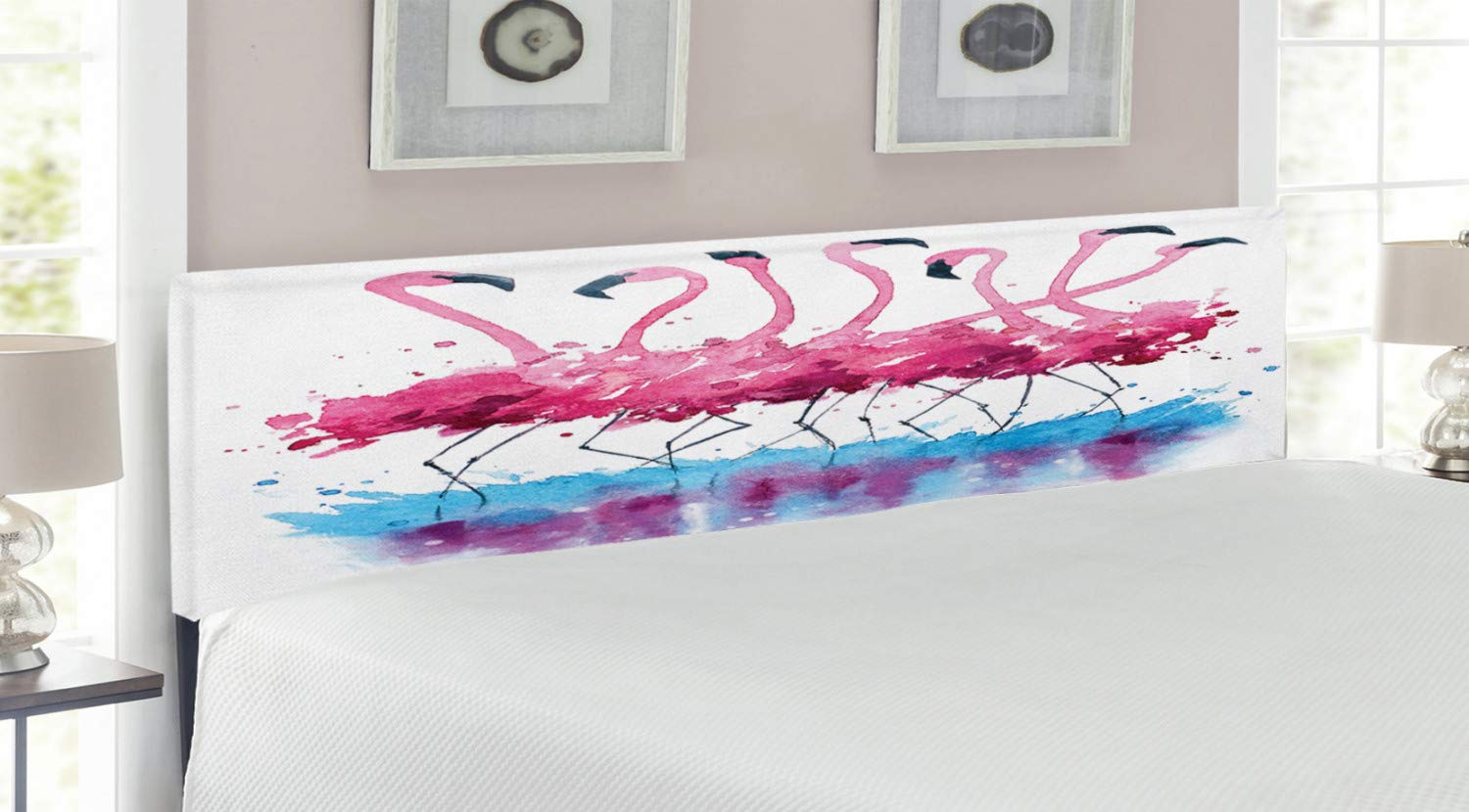 Ambesonne Flamingo Love Birds Feather Watercolor Headboard - King Size Upholstered Metal Bed Frame with Memory Foam in Pink Blue Purple | Romantic Bedroom Decor for Master & Guest Rooms