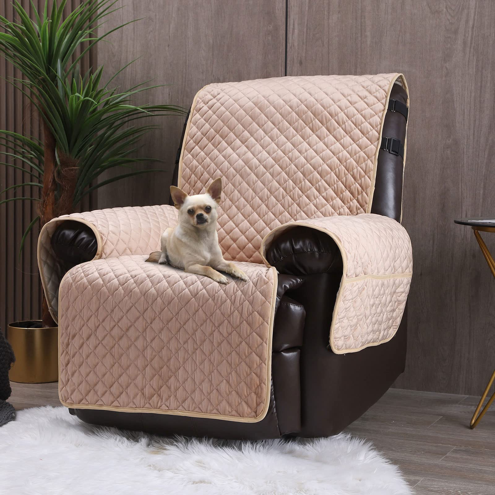 Premium Velvet Recliner Covers - Non-Slip Waterproof Large Recliner Chair Protectors for Leather Chairs | Reversible Sofa Cover for Living Room Furniture | Pet-Friendly Beige 23
