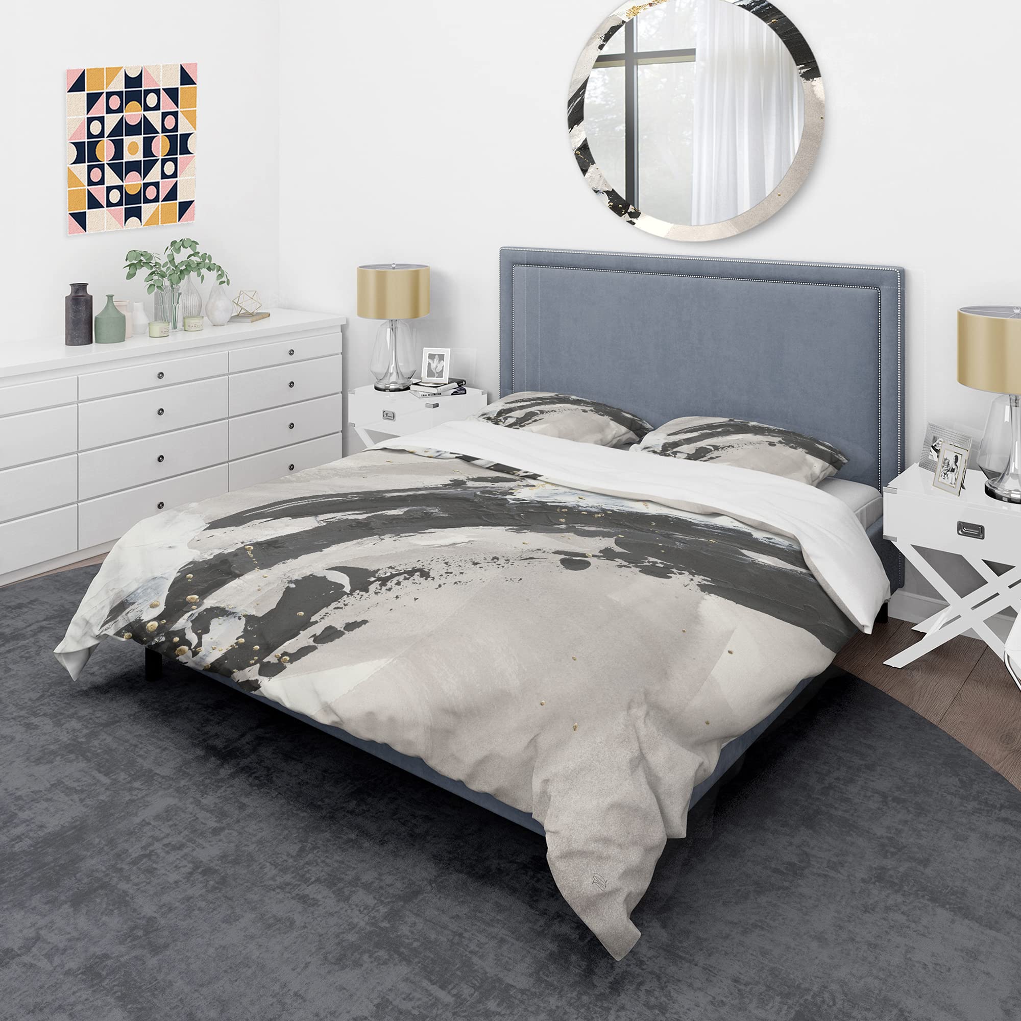 DesignQ Glam Painted Arcs IV Modern & Contemporary Duvet Cover Set - Queen Size Black Abstract Bedding (3-Piece) for All Seasons | Perfect for Master Bedrooms, Guest Rooms & Modern Home Decor