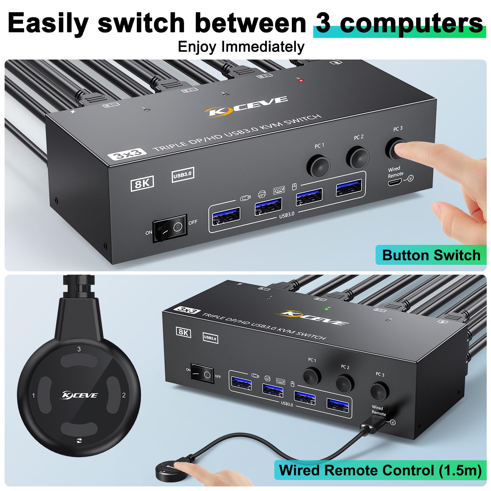 MLEEDA 8K@60Hz Triple Monitor KVM Switch - 3 Computers to 3 Monitors with HDMI & 2 DisplayPort, 4 USB 3.0 Ports for Keyboard/Mouse/Printer, Includes Wired Remote & Power Adapter - Perfect for Multi-Tasking, Gaming & Office Workstations