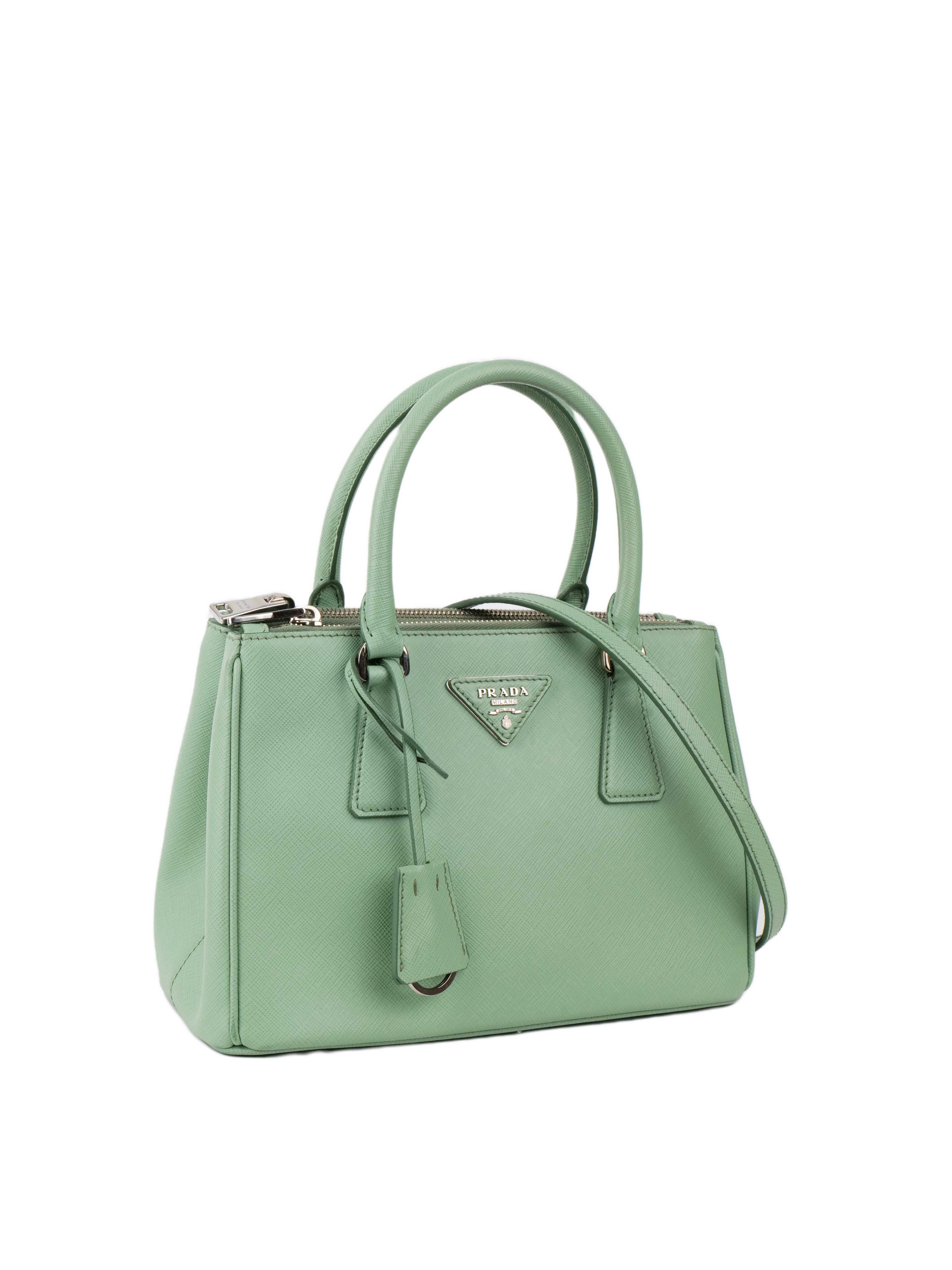 Prada Mint Green Saffiano Leather Double Zipper Small Tote Bag for Women | Luxury Designer Handbag for Work, Travel & Everyday Use