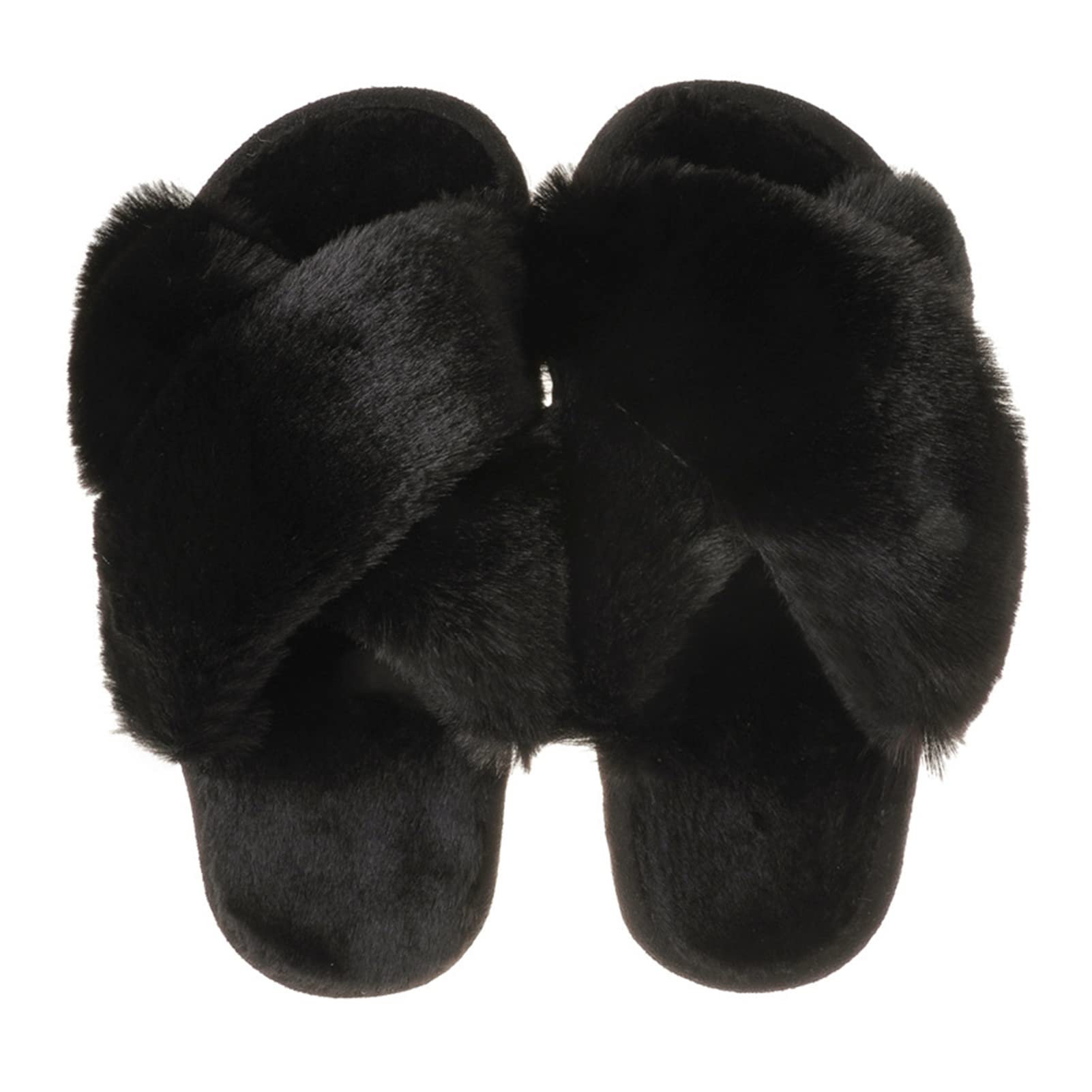 1 Pair Women's Fuzzy Winter Slippers - Soft Warm House Slippers with Open Toe & Cross Band - Cozy Solid Color Indoor Slippers for Living Room, Bedroom & Home Comfort