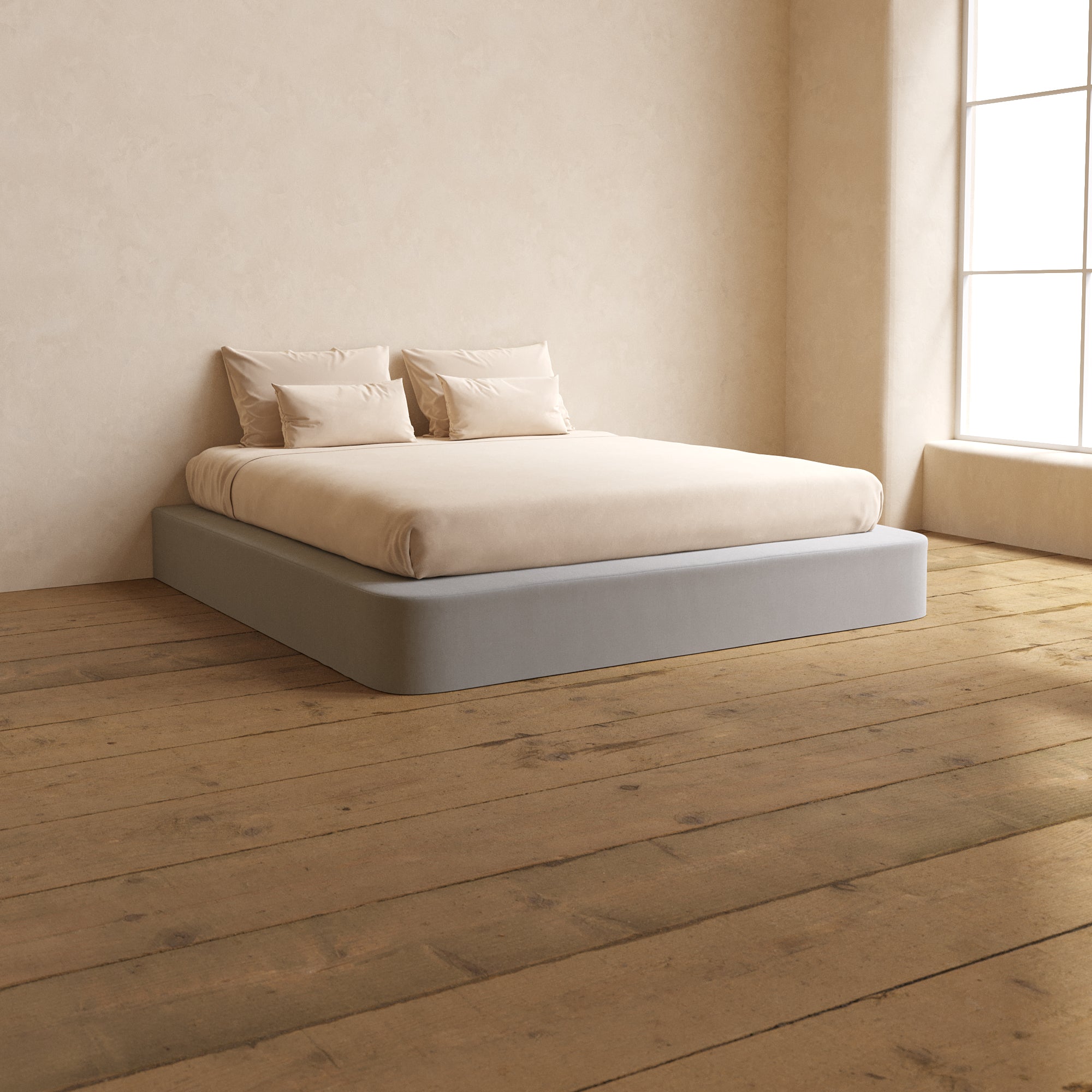 King Upholstered Platform Bed Frame with Micro Chenille Fabric in Pumice - Modern Bedroom Furniture for Small Spaces & Guest Rooms