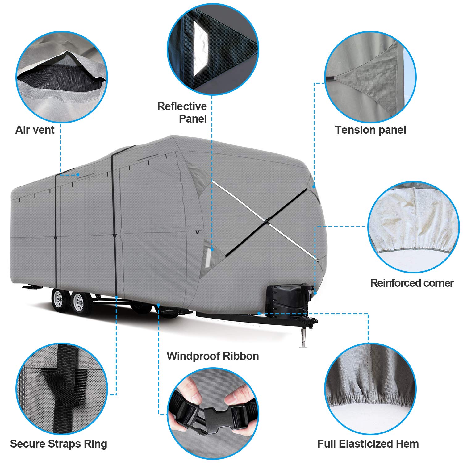 XGEAR Premium 6-Ply Heavy-Duty Travel Trailer Cover for 30'-33' RVs - Waterproof Ripstop Fabric with Storage Bag & Windproof Buckles - Perfect for Outdoor Storage, Winter Protection, and Long-Term RV Shelter