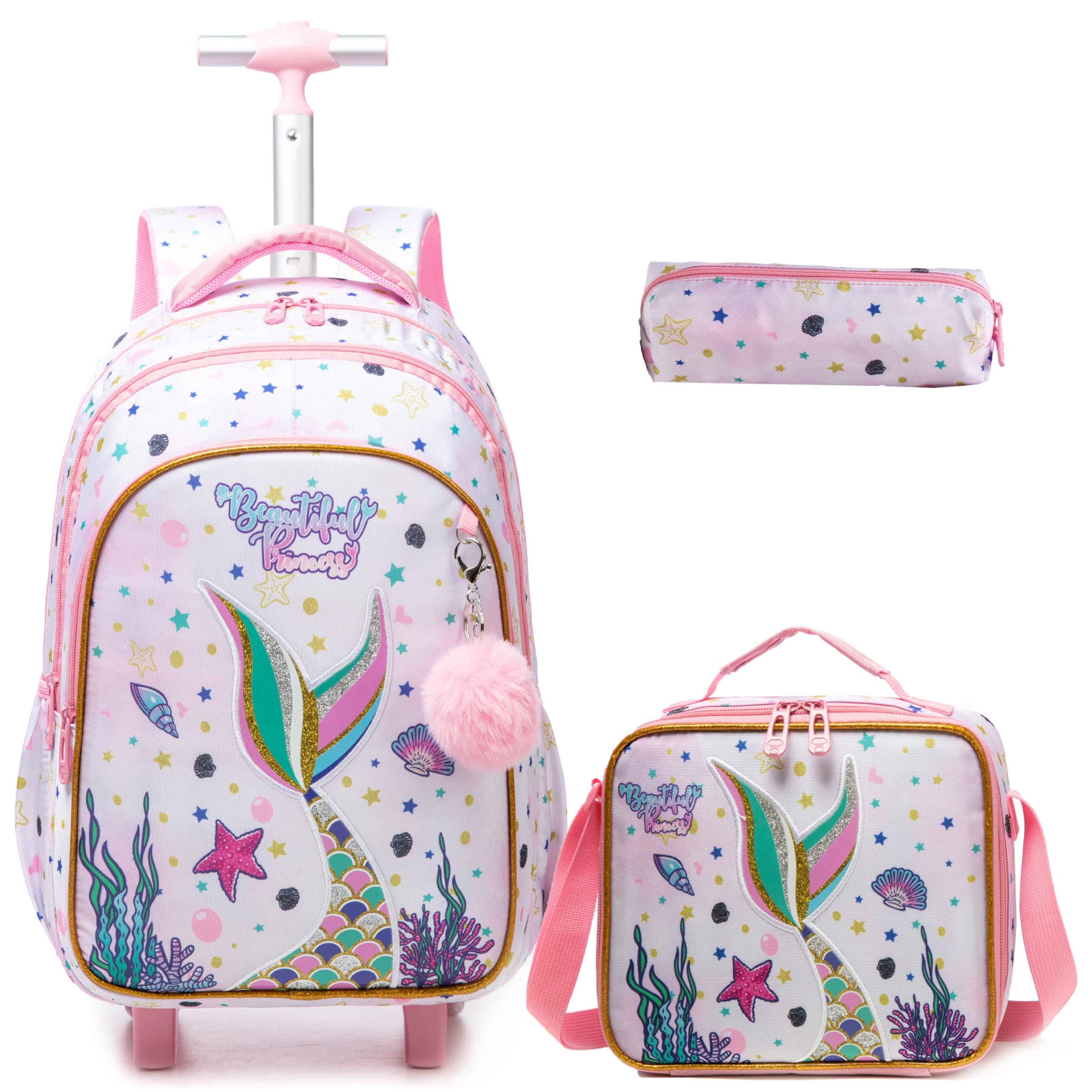 Egchescebo Mermaid Rolling Backpack for Girls - Pink Wheeled School Backpack with Lunch Box & Pencil Case, Multiple Compartment Travel Luggage for Elementary Students - Perfect for School, Travel, and Daily Use