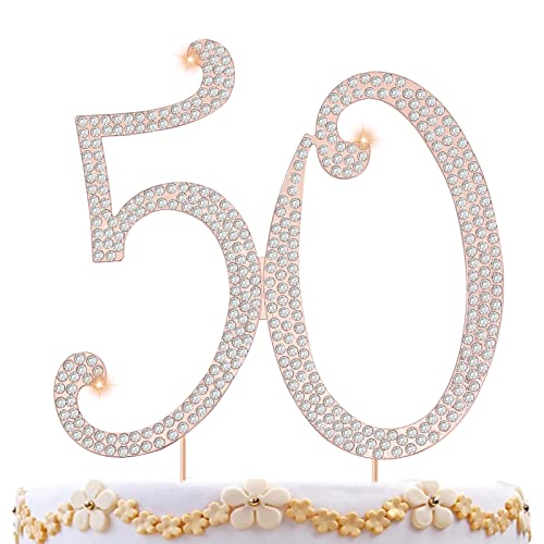 50th Anniversary Cake Topper - Rose Gold Diamond & Rhinestone Wedding Birthday Cake Decoration for Women - Elegant Party Supplies & Keepsake - Perfect for Anniversaries, Birthdays & Special Celebrations