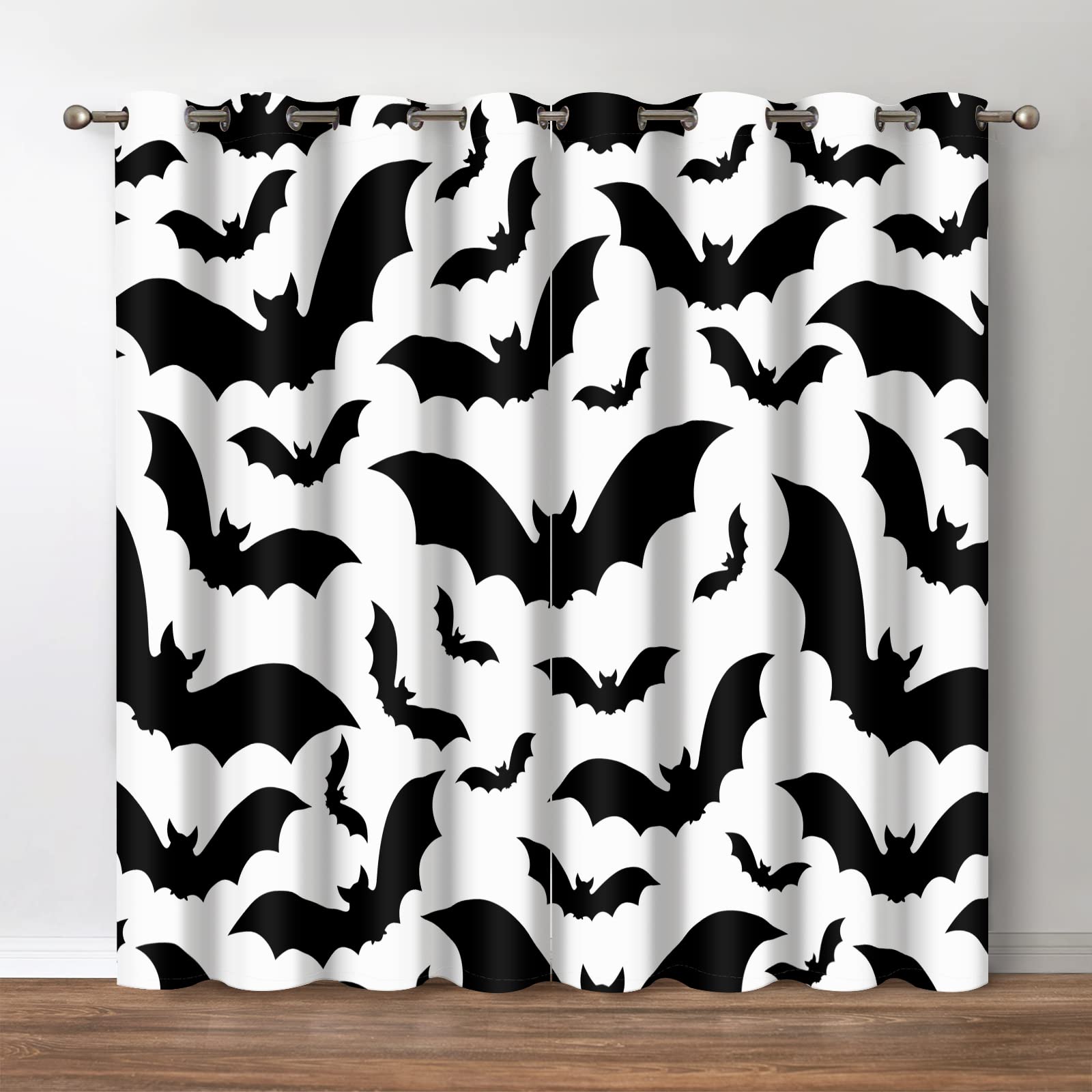 Jekeno Halloween Blackout Curtains - Spooky Bats Black & White Print Window Drapes (42x63 Inch, 2 Panels) | Perfect for All Saints Day Party Decor, Bedroom & Living Room Darkening | Great for Halloween Decorations, Horror Theme Rooms & Light-Sensitive Sleepers