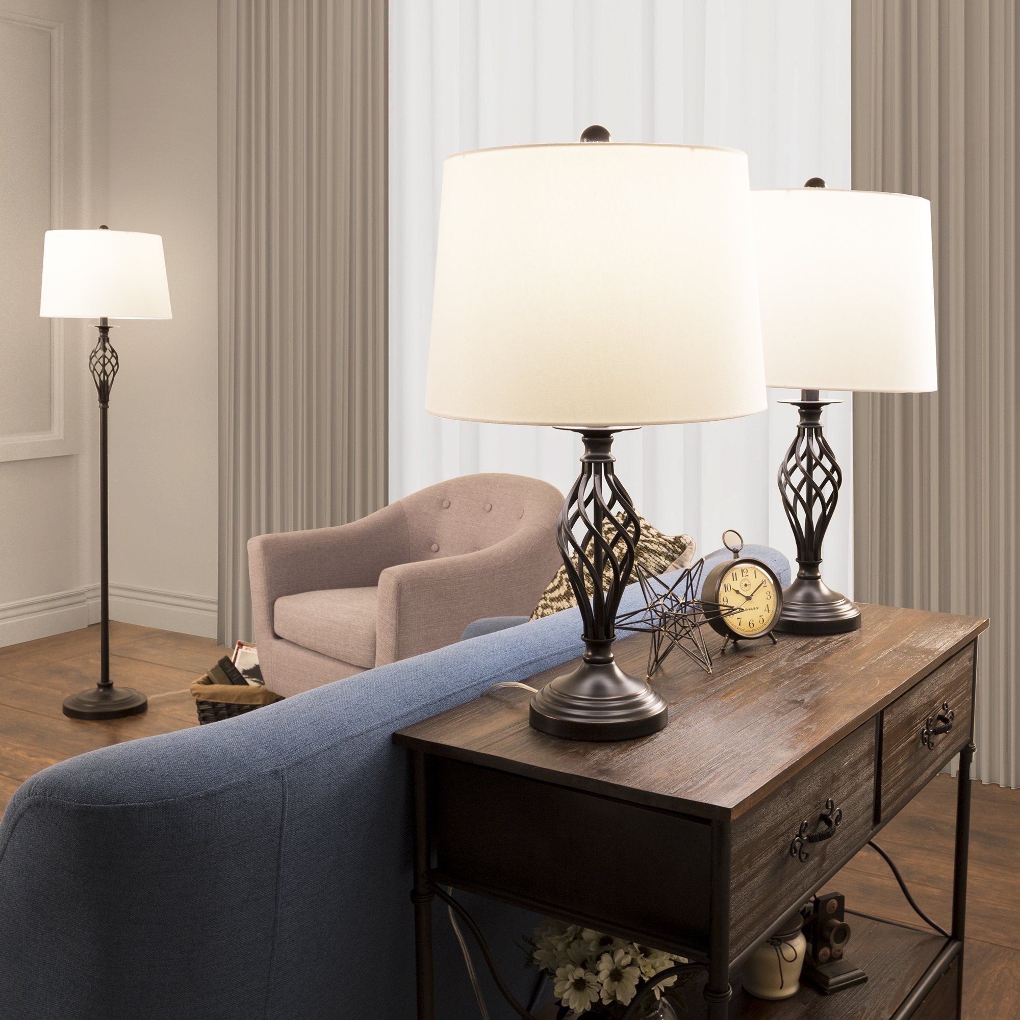 Stylish Spiral Cage Design Table and Floor Lamp Set of 3 - Modern Bronze Lighting Fixtures with LED Bulbs for Living Room, Bedroom, Entryway | Perfect for Home Decor, Reading Nook & Ambient Lighting