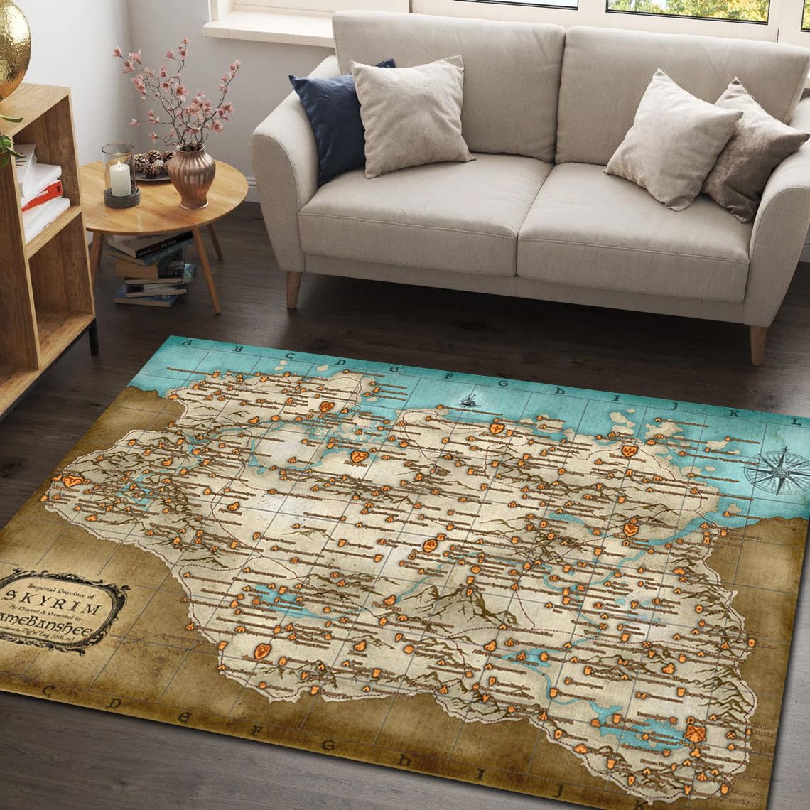 Skyrim Video Game Map Rug - Non-Slip Machine Washable Gaming Mat for Bedroom & Living Room Decor - Perfect Gift for Gamers & Elder Scrolls Fans