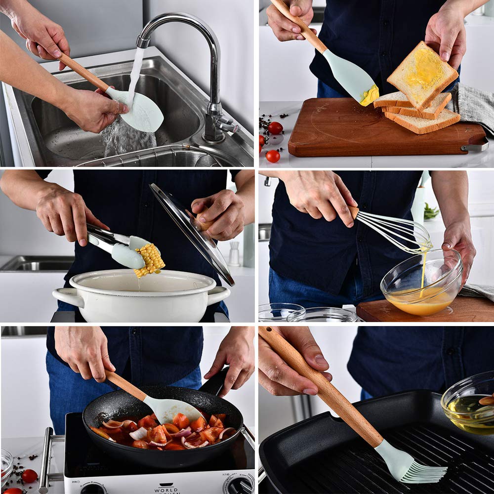 9-Piece Silicone Kitchen Utensil Set with Wooden Handles - Non-Stick, Heat-Resistant Cooking Tools for Baking, Frying & Everyday Meal Prep - Perfect for Home Chefs & Professional Kitchens