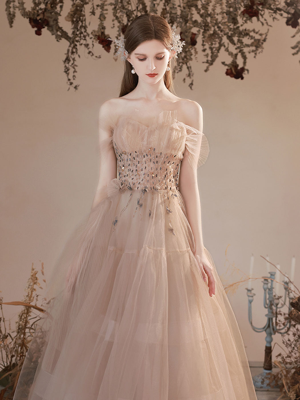 Elegant A-Line Champagne Long Prom Dresses with Beading & Sequin Details - Formal Graduation Gown for Homecoming, Ball, and Special Occasions