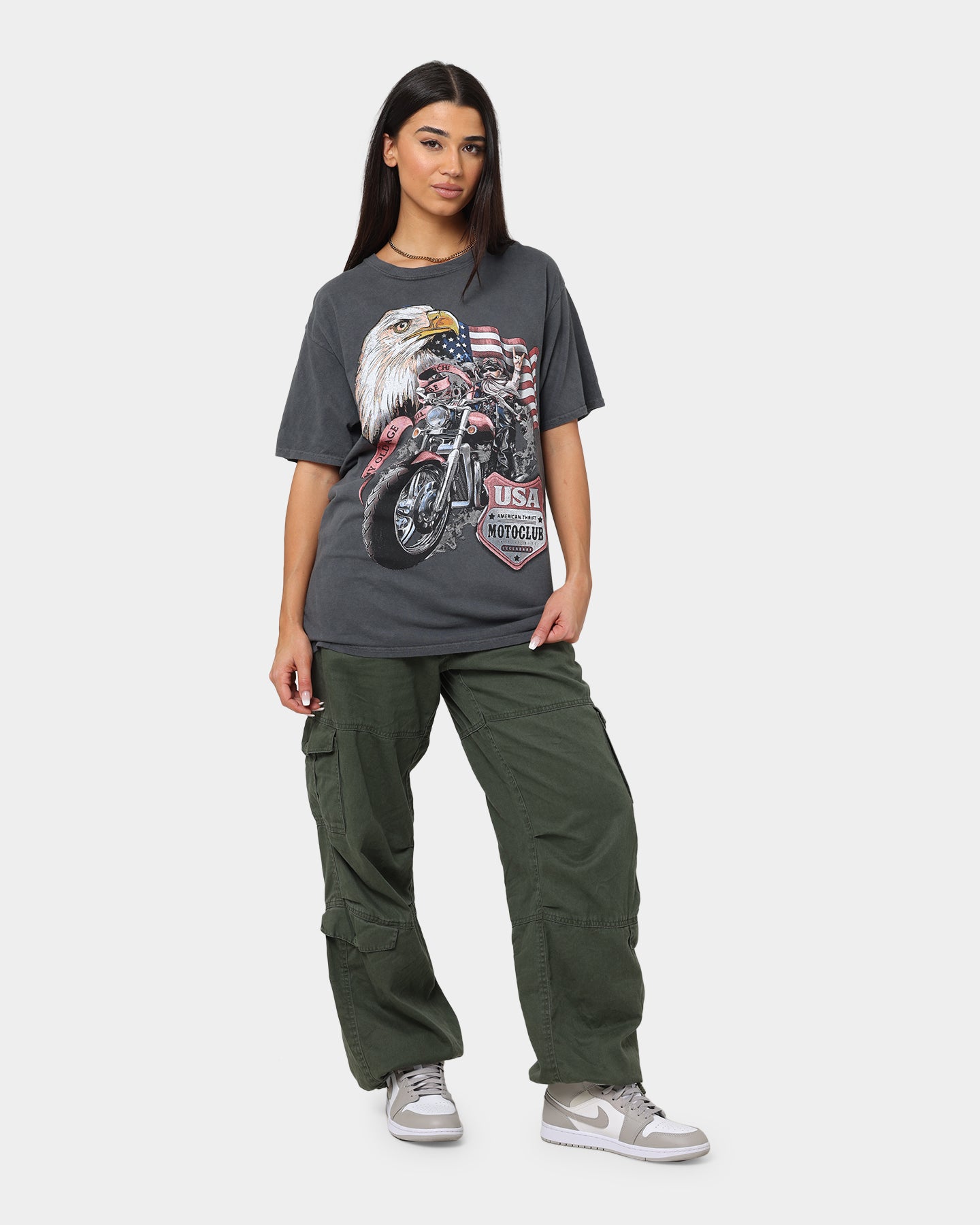 Vintage American Thrift Eagle Moto Club Graphic T-Shirt - Distressed Black Cotton Tee for Motorcycle Riders & Biker Enthusiasts | Casual Streetwear & Club Events