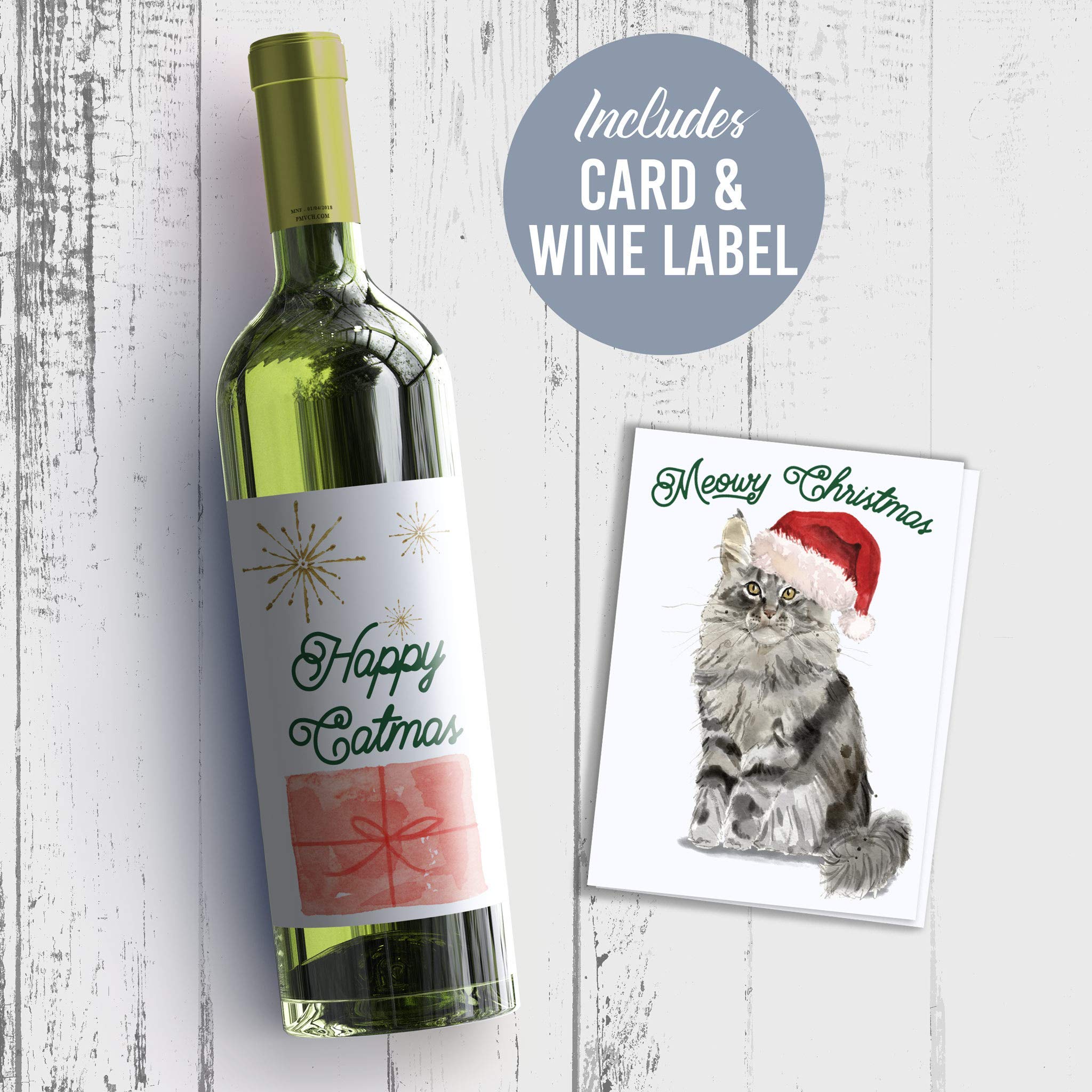 Funny Cat Christmas Card & Wine Label - Cat Lover Gift for Holiday Parties