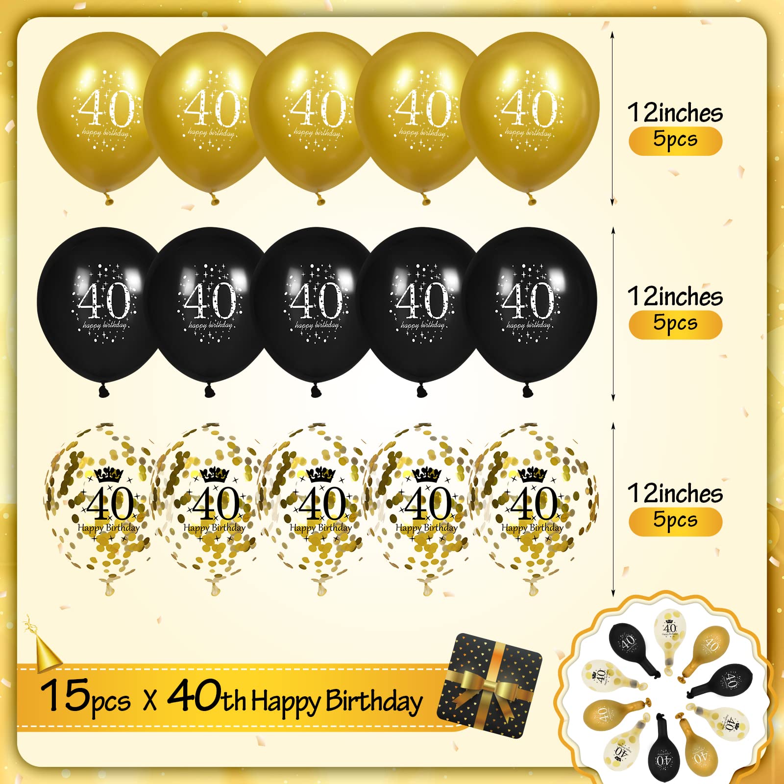 40th Birthday Balloons for Men & Women - 15 Pcs Black Gold Happy 40th Birthday Party Decorations - Perfect for 40th Birthday Parties, Milestone Celebrations & Anniversary Decorations